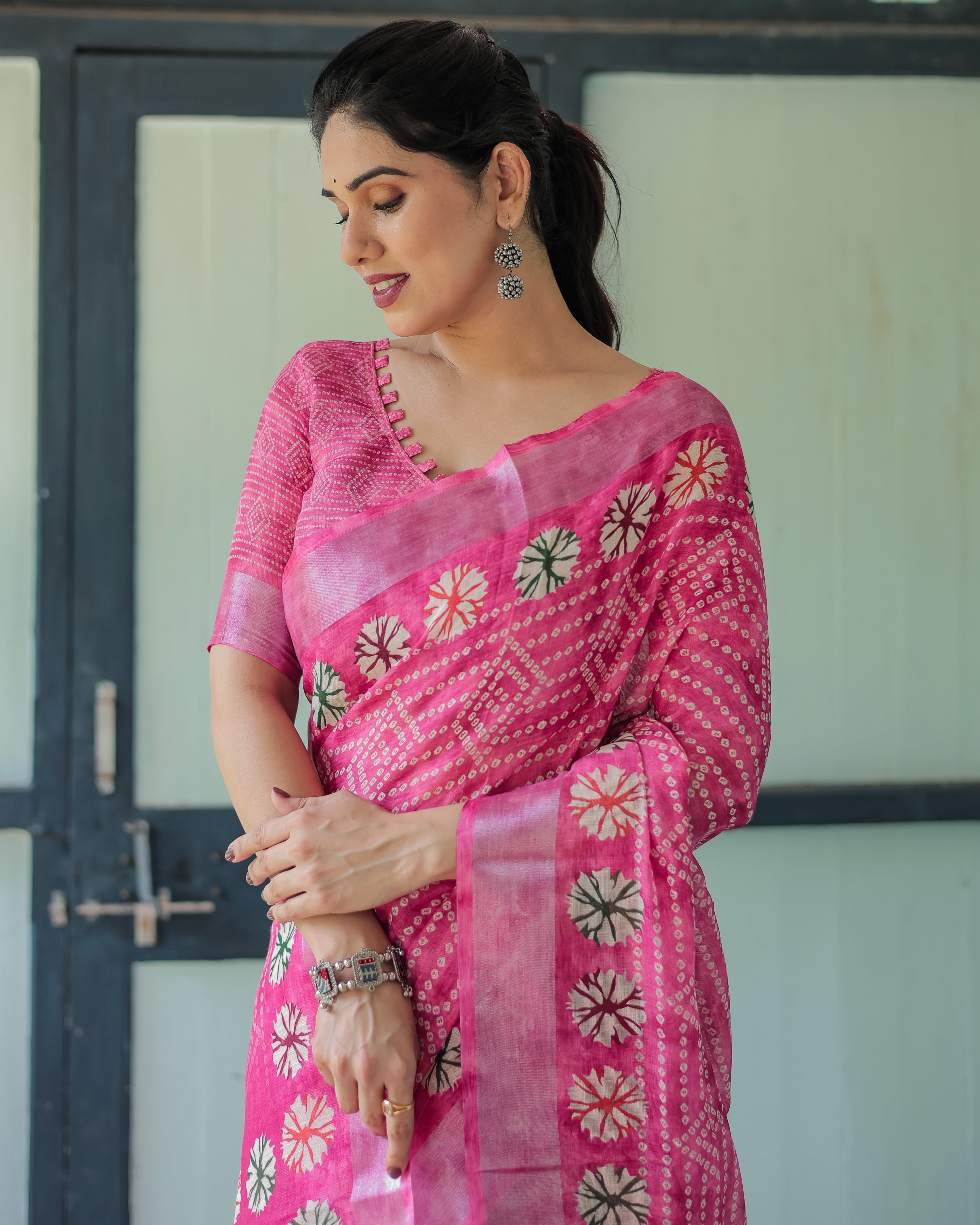 Fuchsia Pink Handcrafted Cotton Linen Saree with Geometric Print and Tassels LINEN H 161170