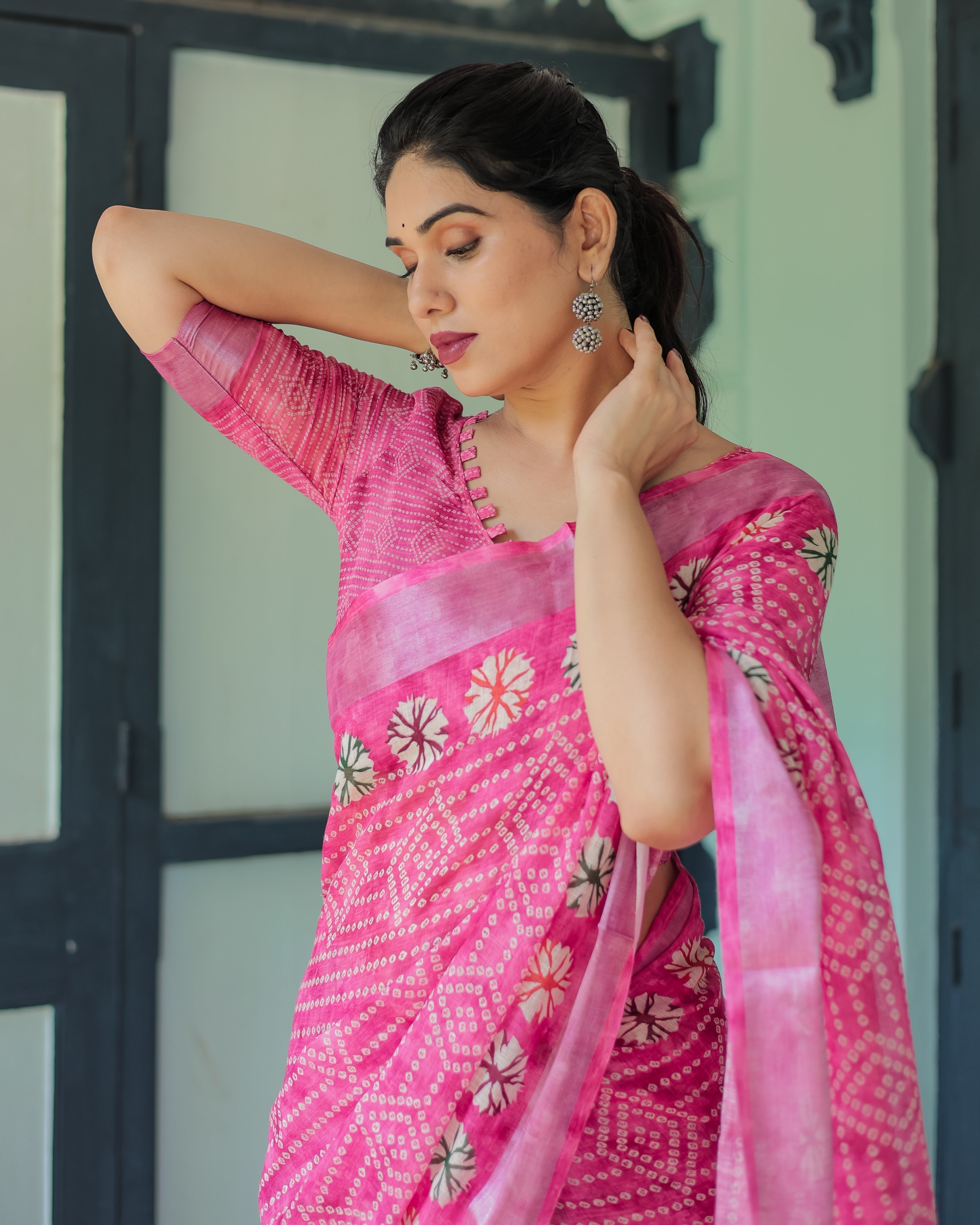Fuchsia Pink Handcrafted Cotton Linen Saree with Geometric Print and Tassels LINEN H 161170
