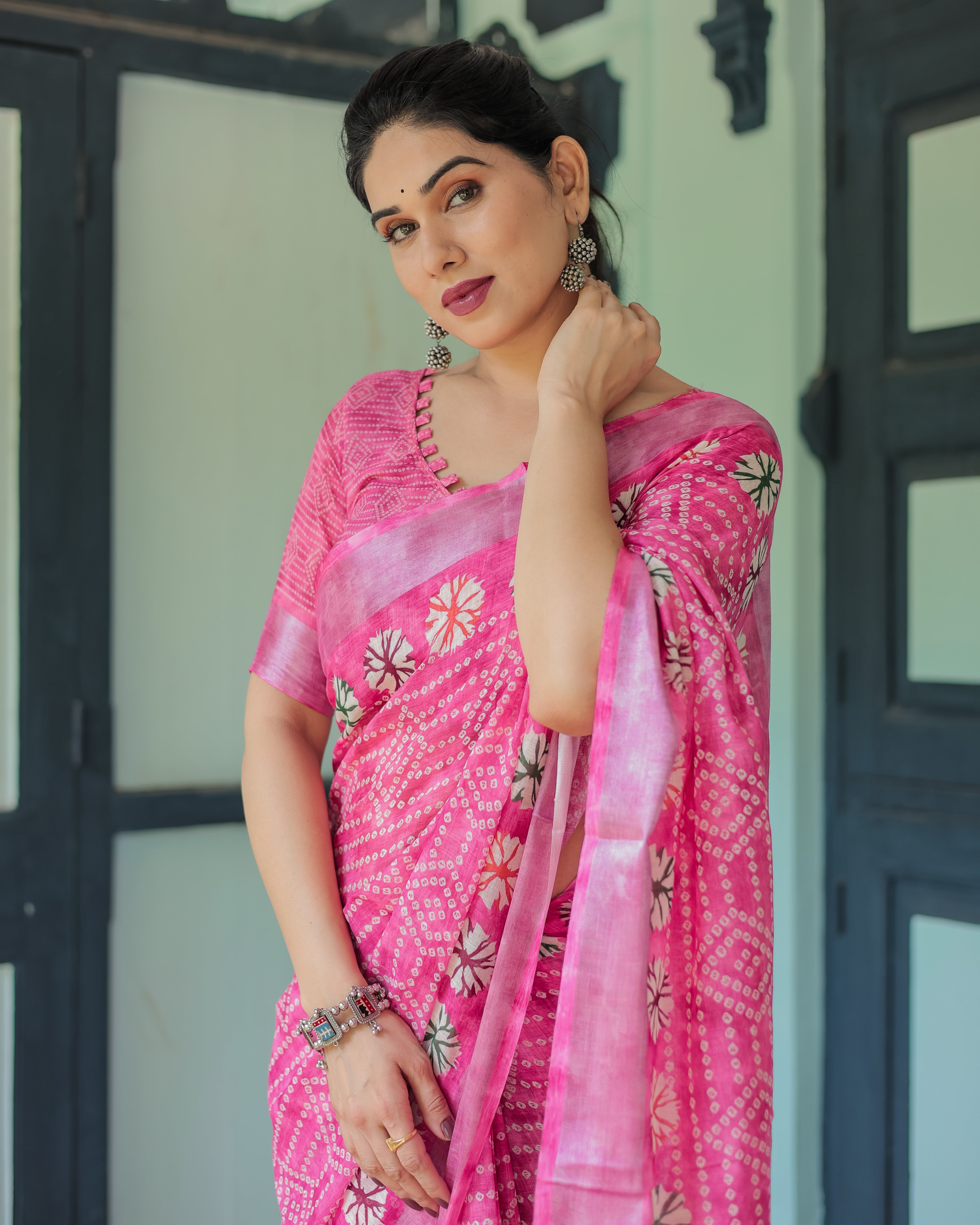 Fuchsia Pink Handcrafted Cotton Linen Saree with Geometric Print and Tassels LINEN H 161170