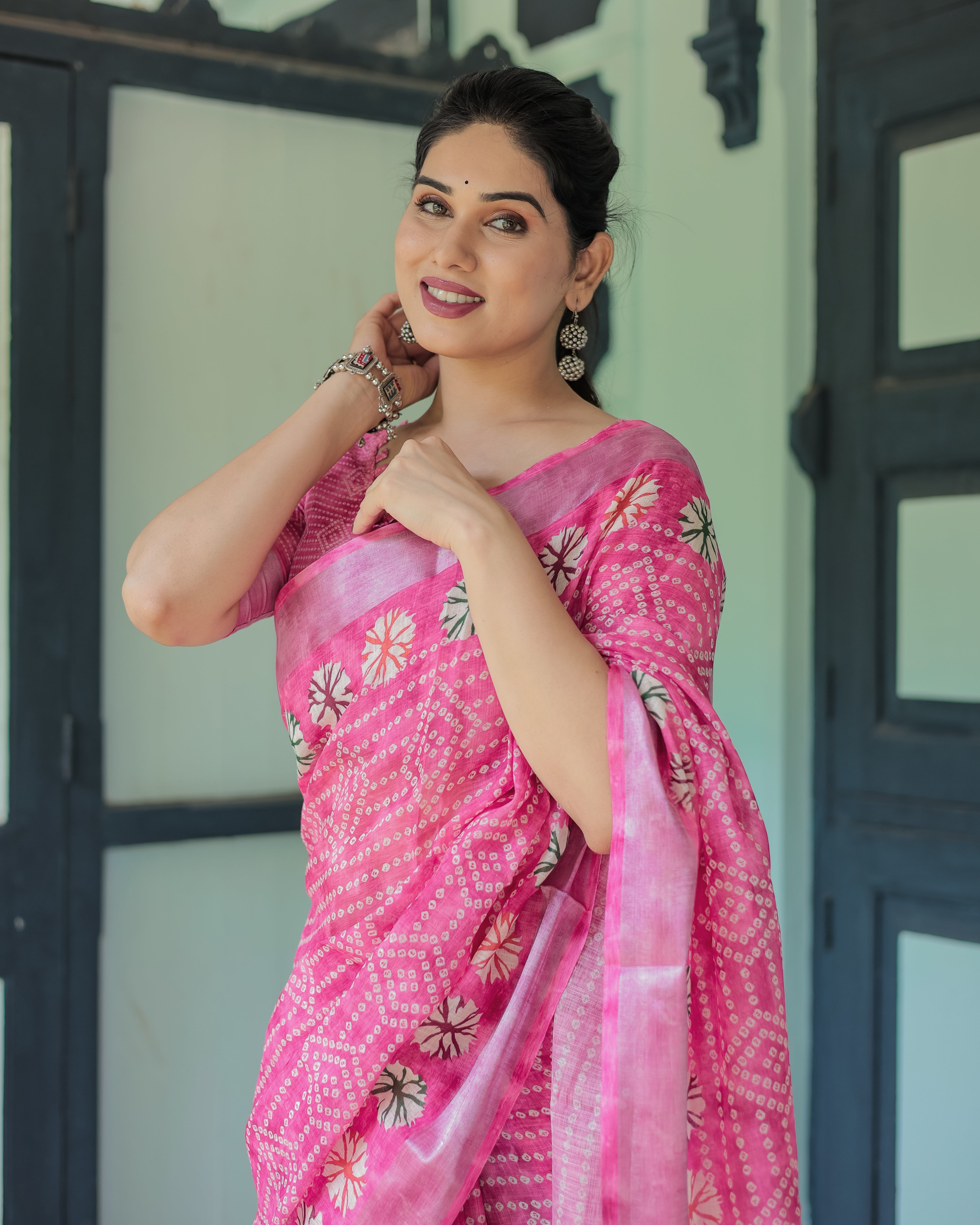 Fuchsia Pink Handcrafted Cotton Linen Saree with Geometric Print and Tassels LINEN H 161170