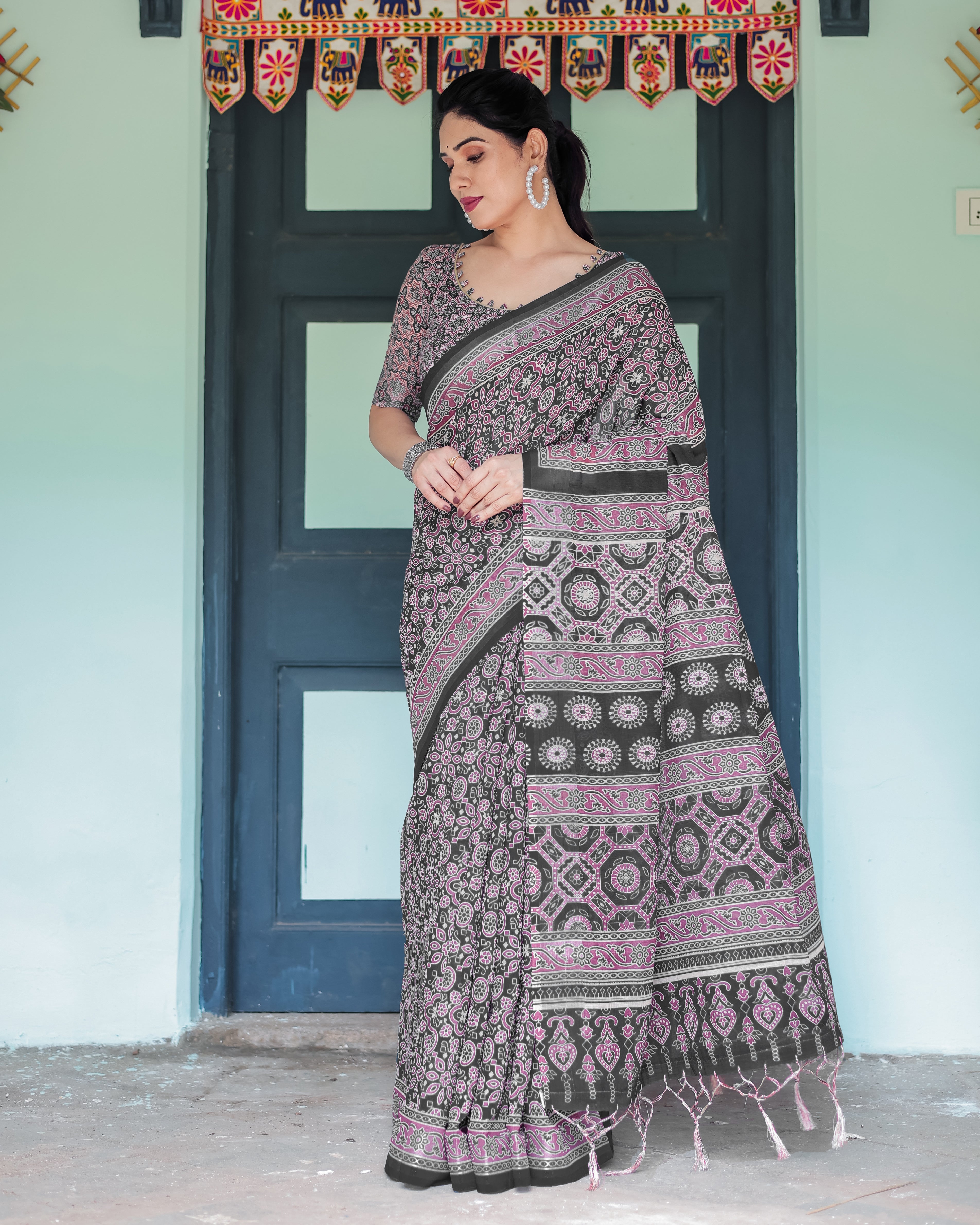 Black Pure Cotton Linen Saree with Pink Striped Pallu and Tassel Accents LINEN H 161170