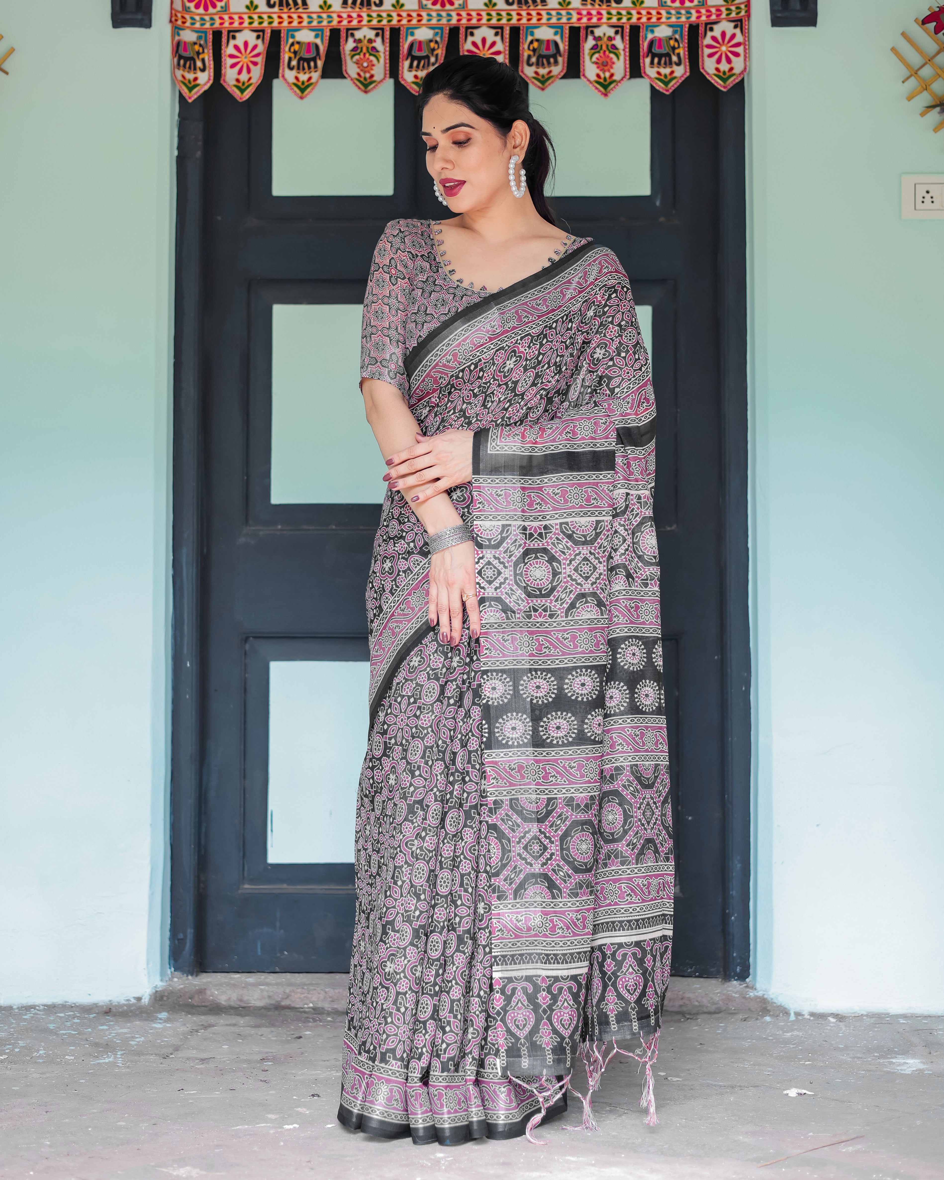 Black Pure Cotton Linen Saree with Pink Striped Pallu and Tassel Accents LINEN H 161170