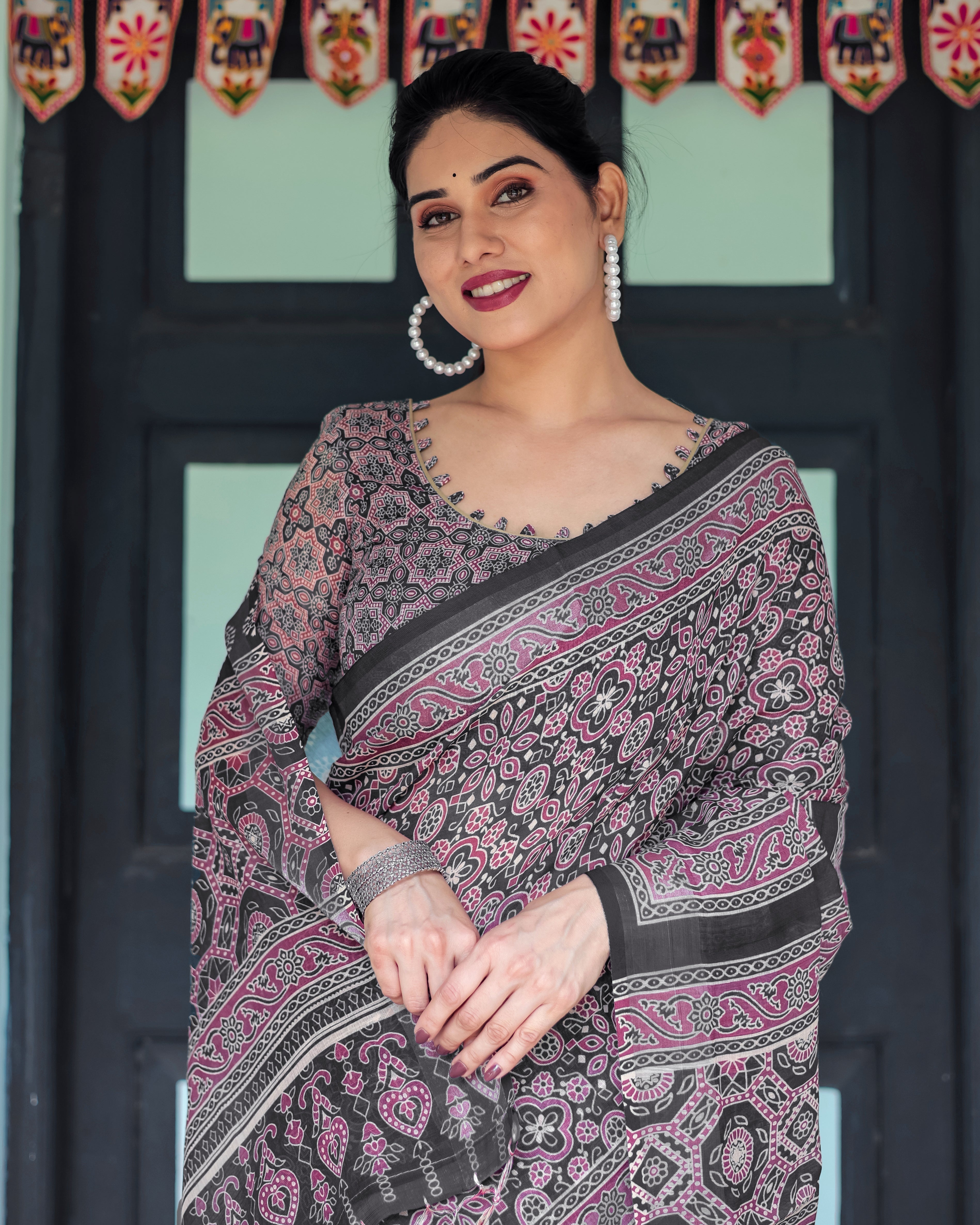 Black Pure Cotton Linen Saree with Pink Striped Pallu and Tassel Accents LINEN H 161170