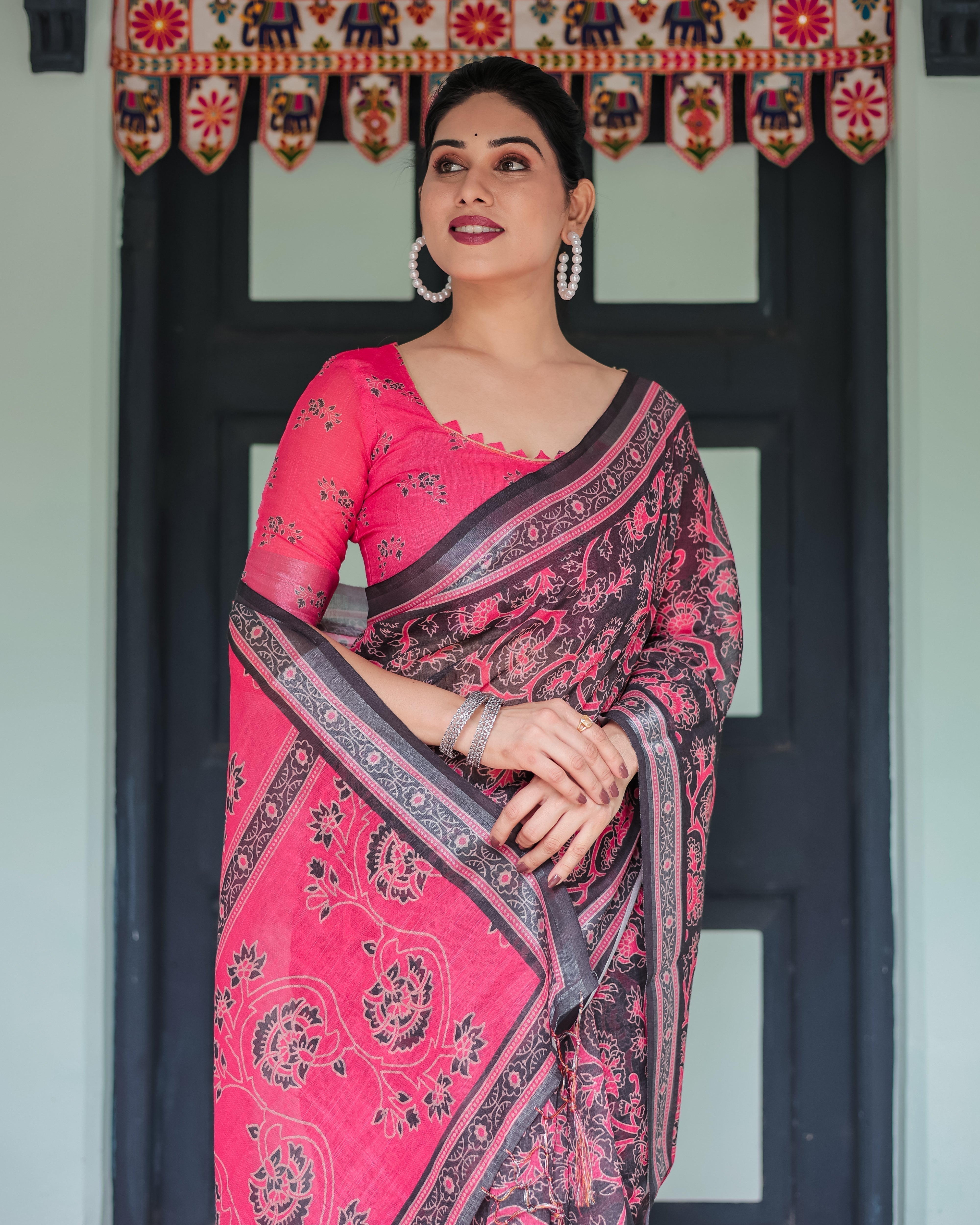 Pure Cotton Linen Saree in Black and Pink with Floral Print and Tassels LINEN H 161170