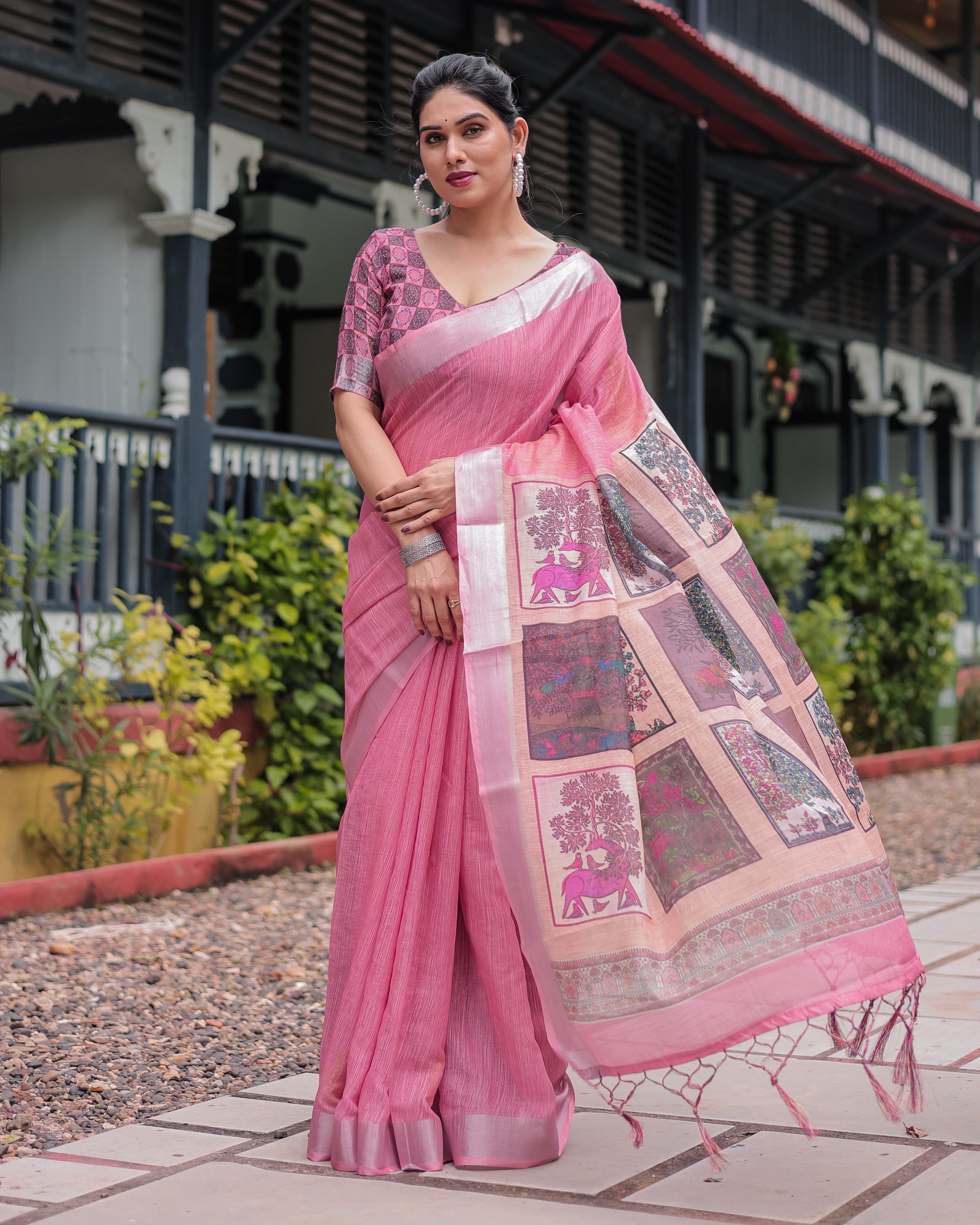 Pink Pure Cotton Linen Saree with Floral and Nature Print Silver Border & Tassels LINEN H 161170