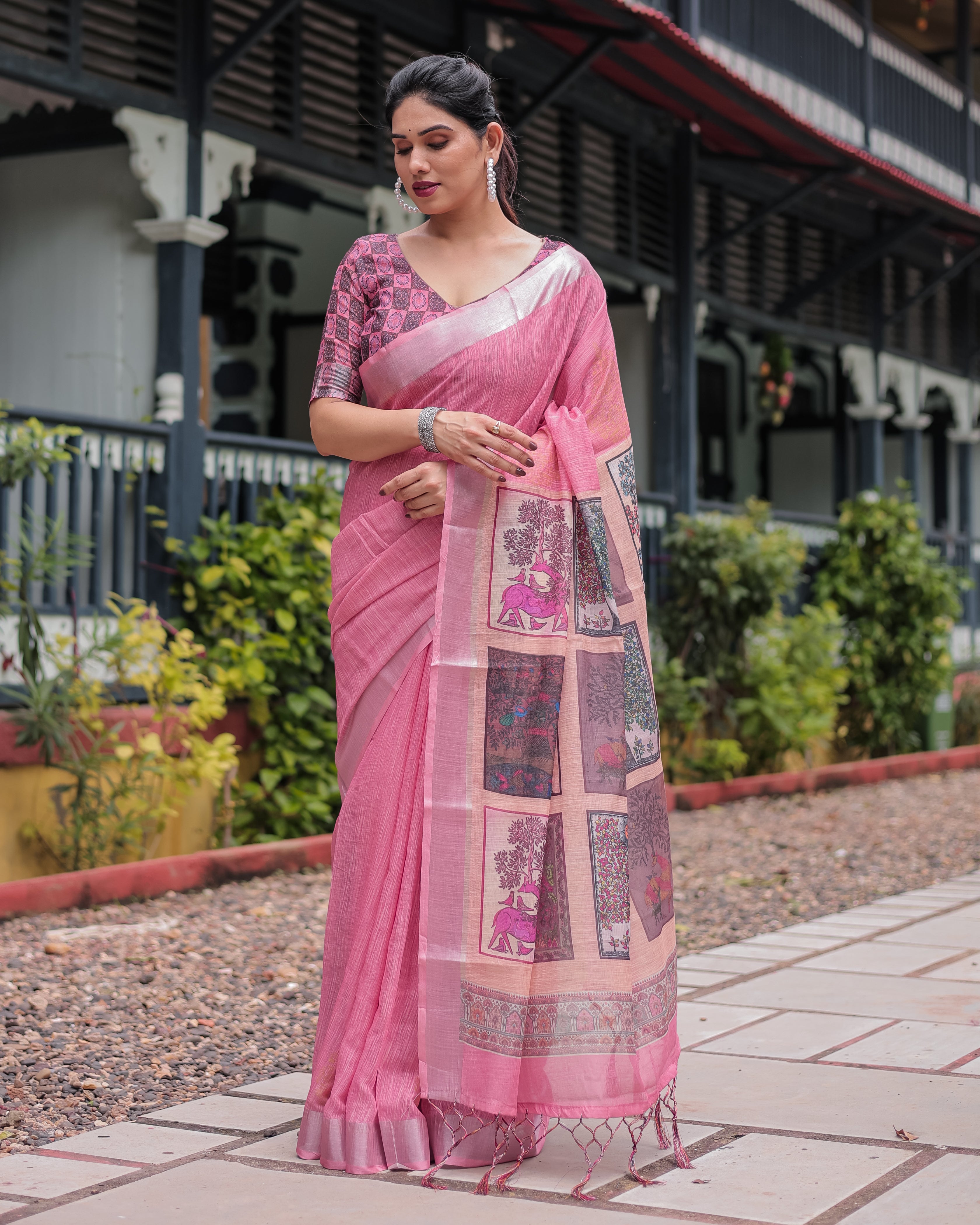 Pink Pure Cotton Linen Saree with Floral and Nature Print Silver Border & Tassels LINEN H 161170