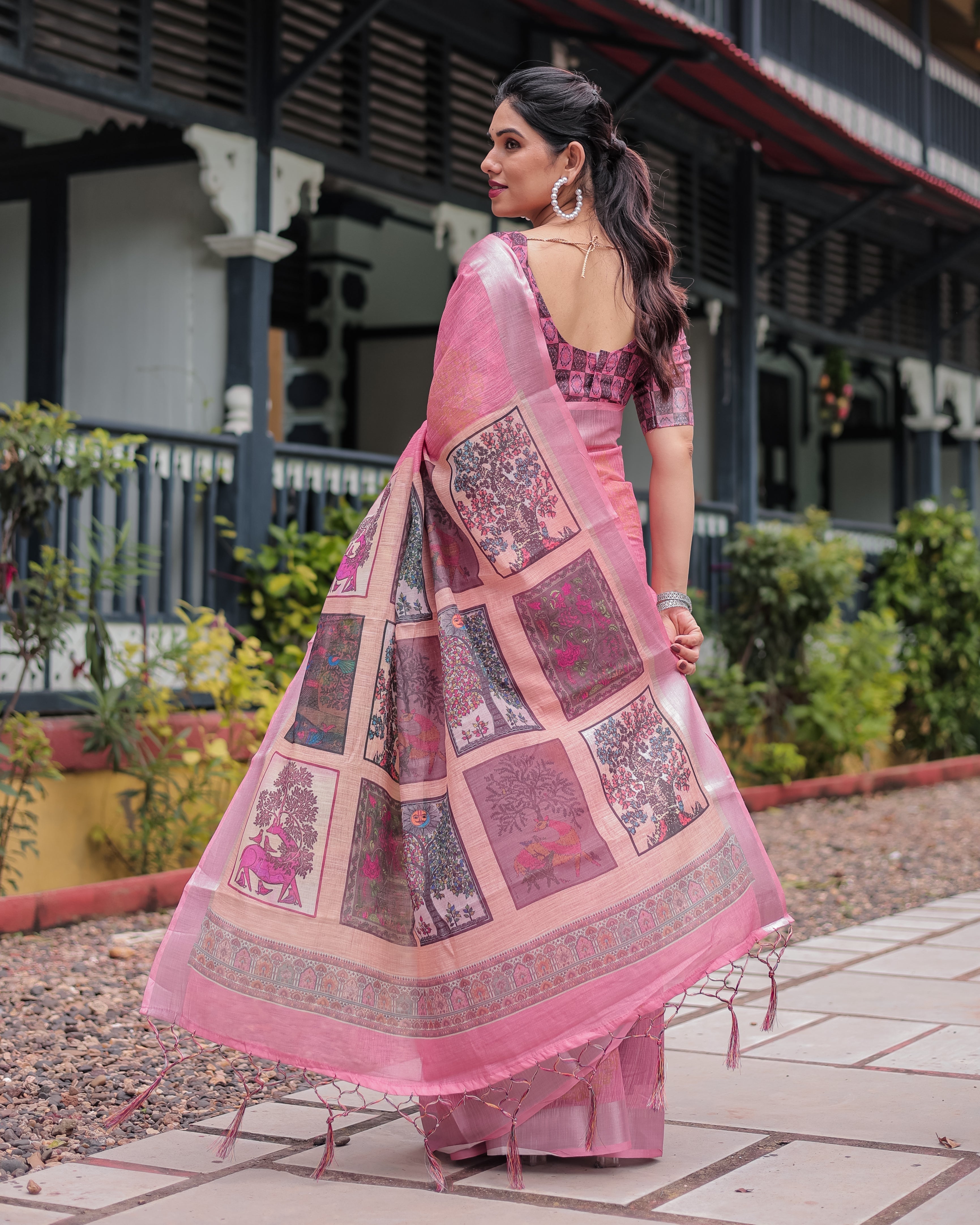 Pink Pure Cotton Linen Saree with Floral and Nature Print Silver Border & Tassels LINEN H 161170