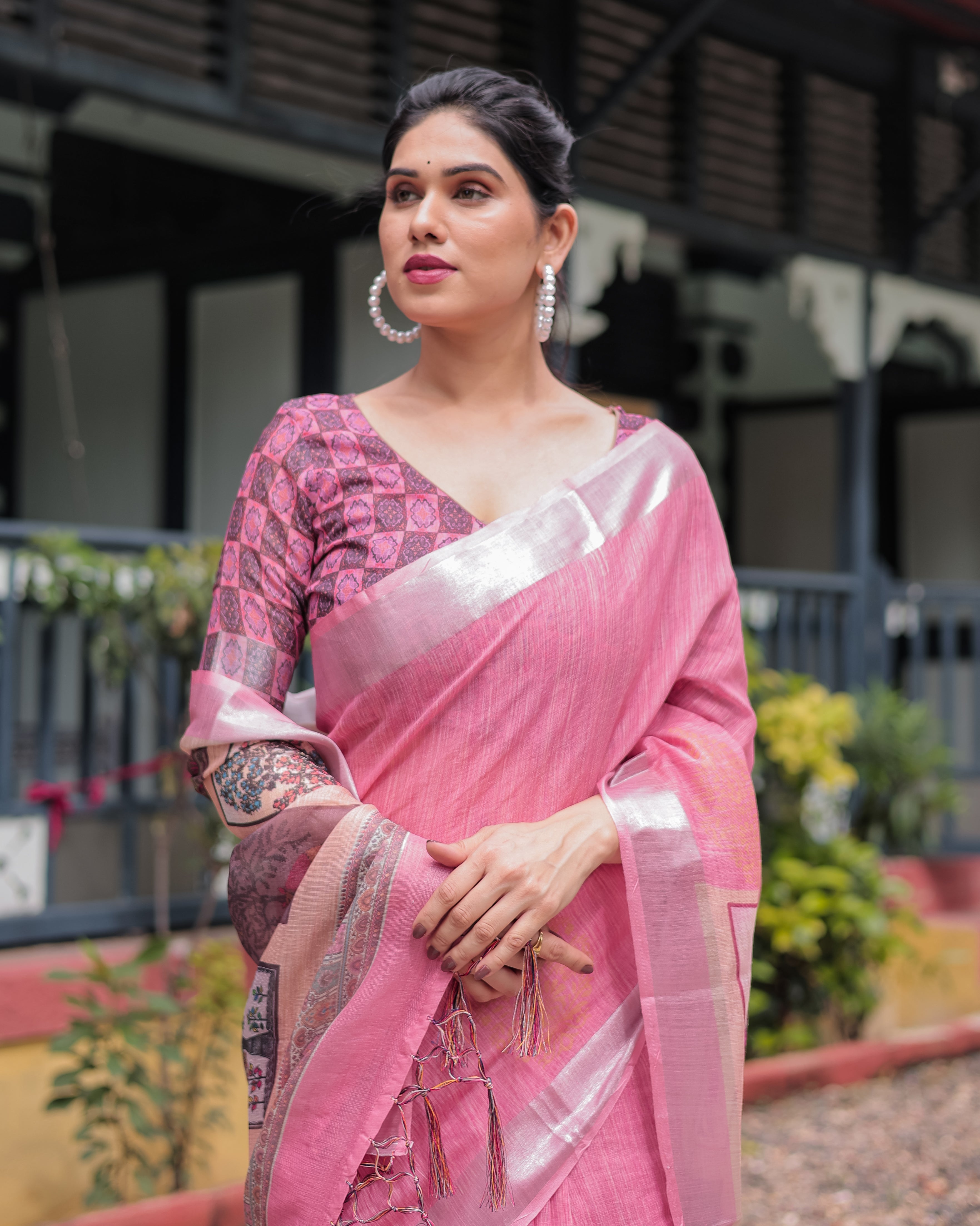 Pink Pure Cotton Linen Saree with Floral and Nature Print Silver Border & Tassels LINEN H 161170