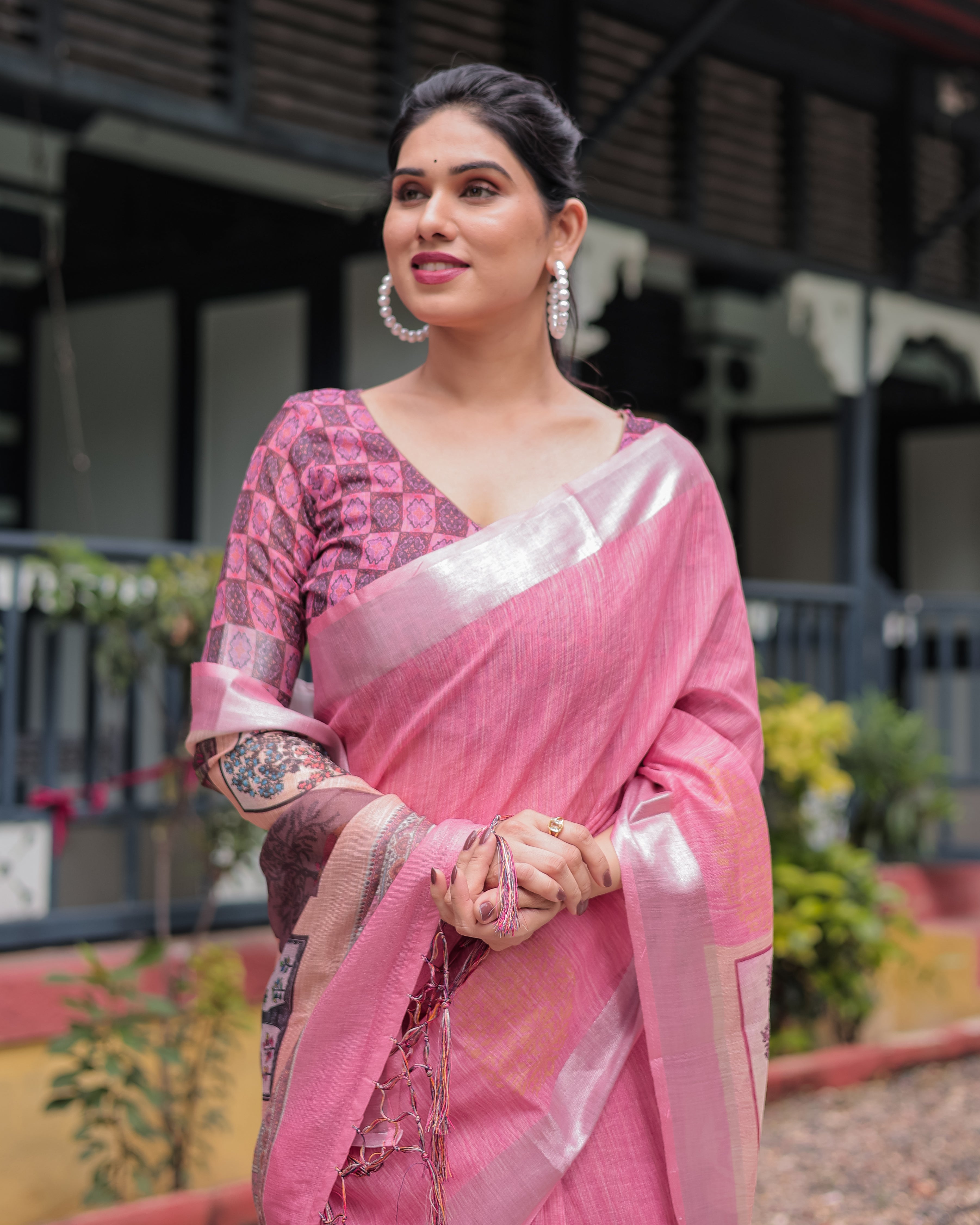 Pink Pure Cotton Linen Saree with Floral and Nature Print Silver Border & Tassels LINEN H 161170