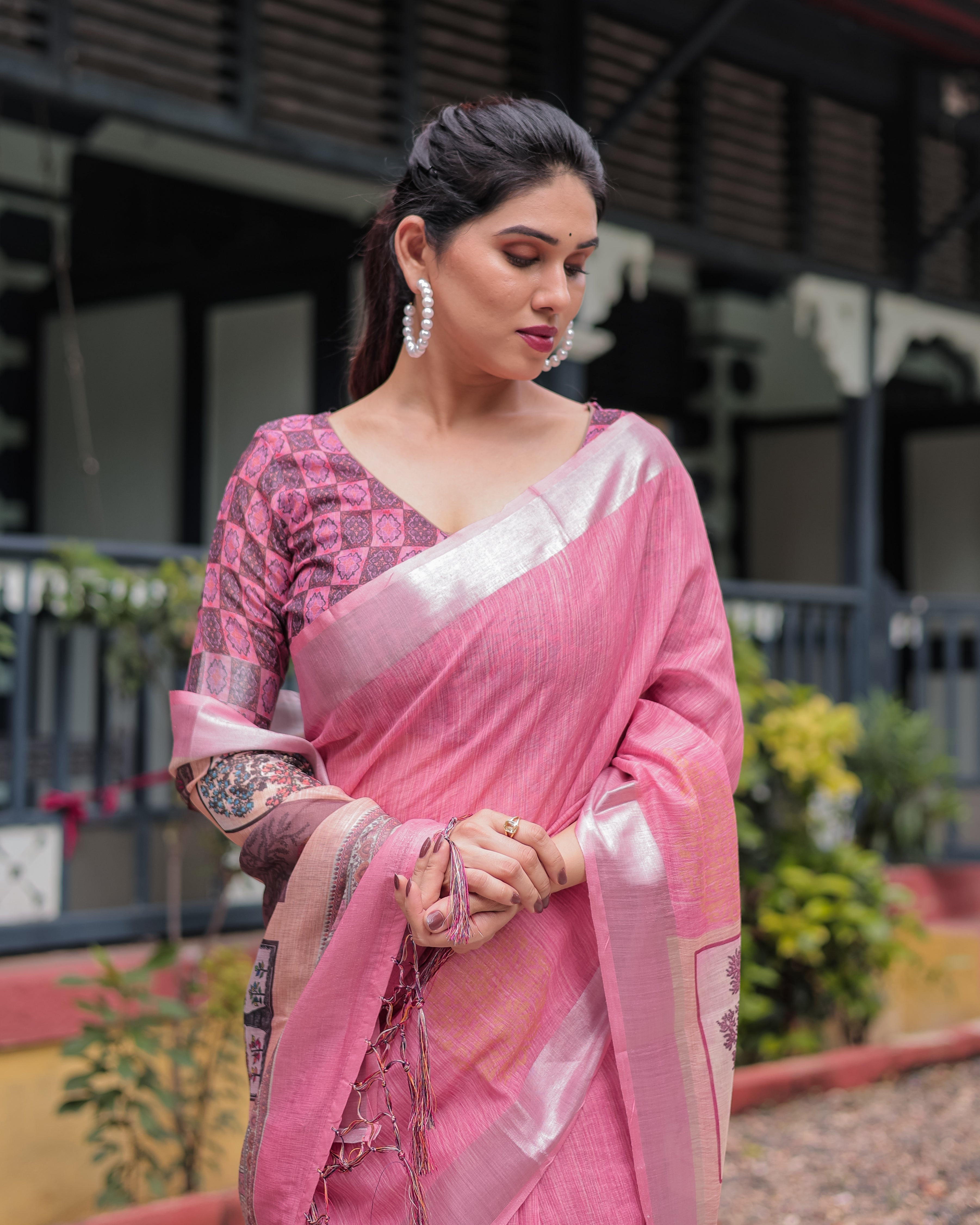 Pink Pure Cotton Linen Saree with Floral and Nature Print Silver Border & Tassels LINEN H 161170