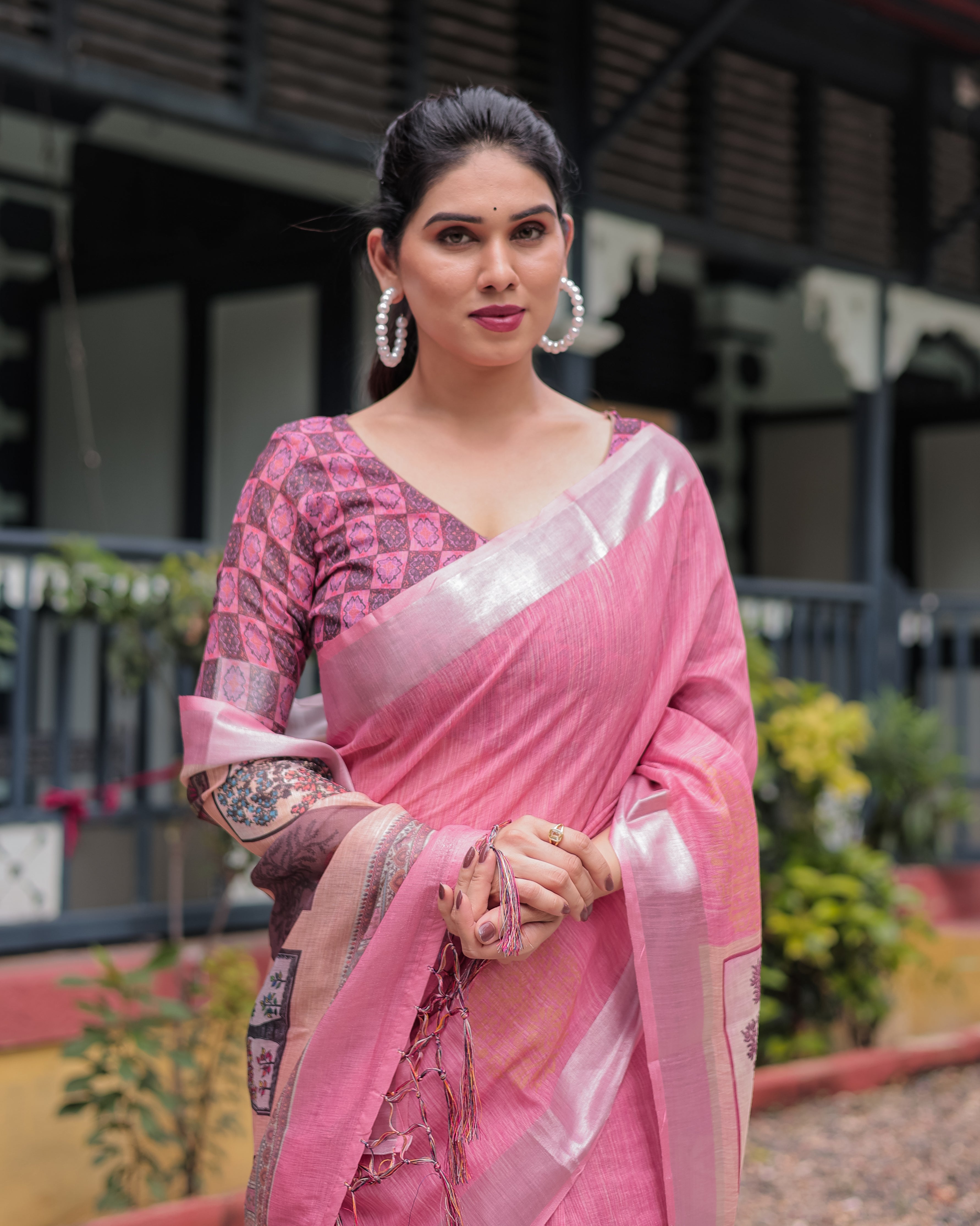 Pink Pure Cotton Linen Saree with Floral and Nature Print Silver Border & Tassels LINEN H 161170