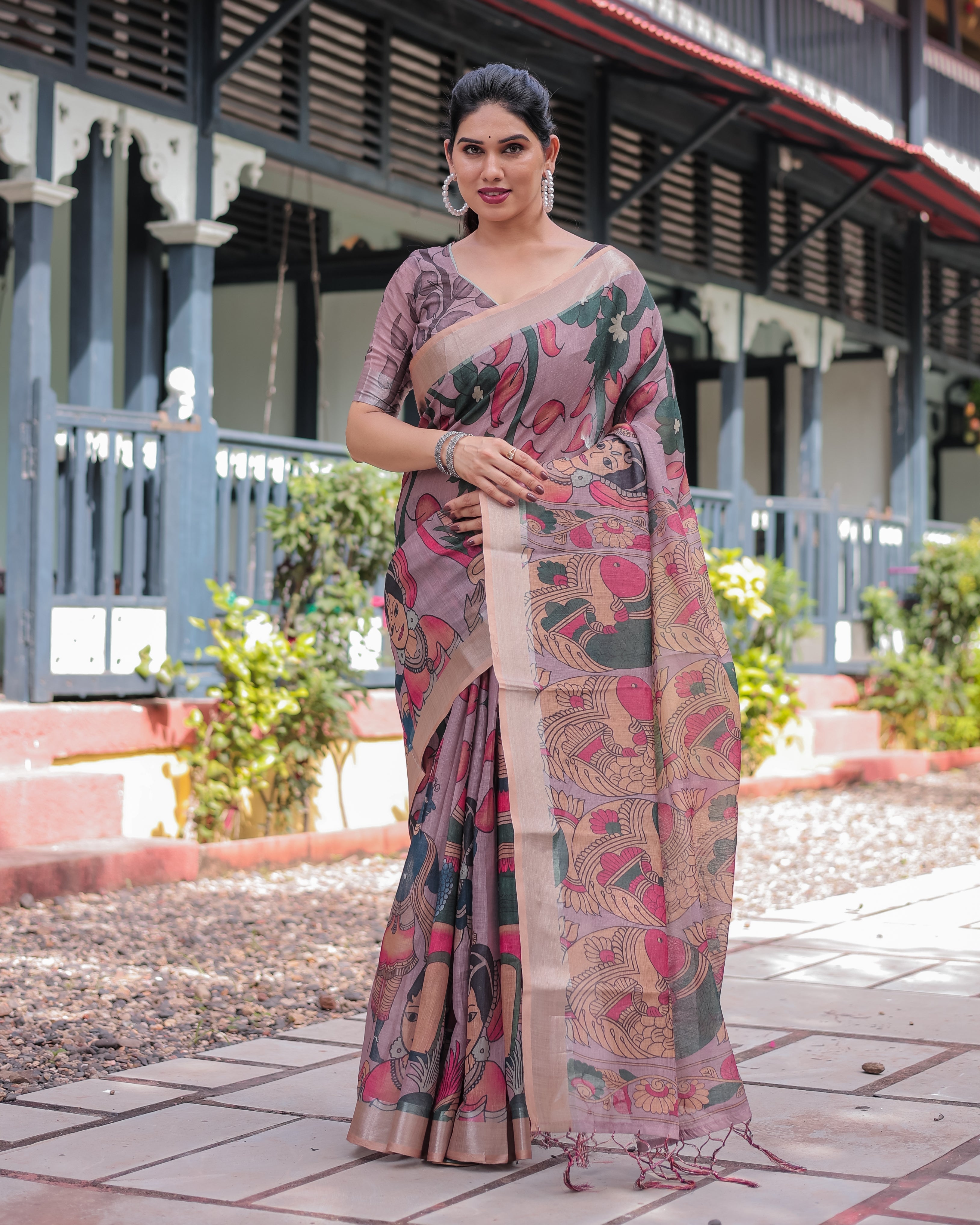 Pastel Peach Kalamkari Design Pure Cotton Linen Saree with Blouse and Tassels LINEN H 161170