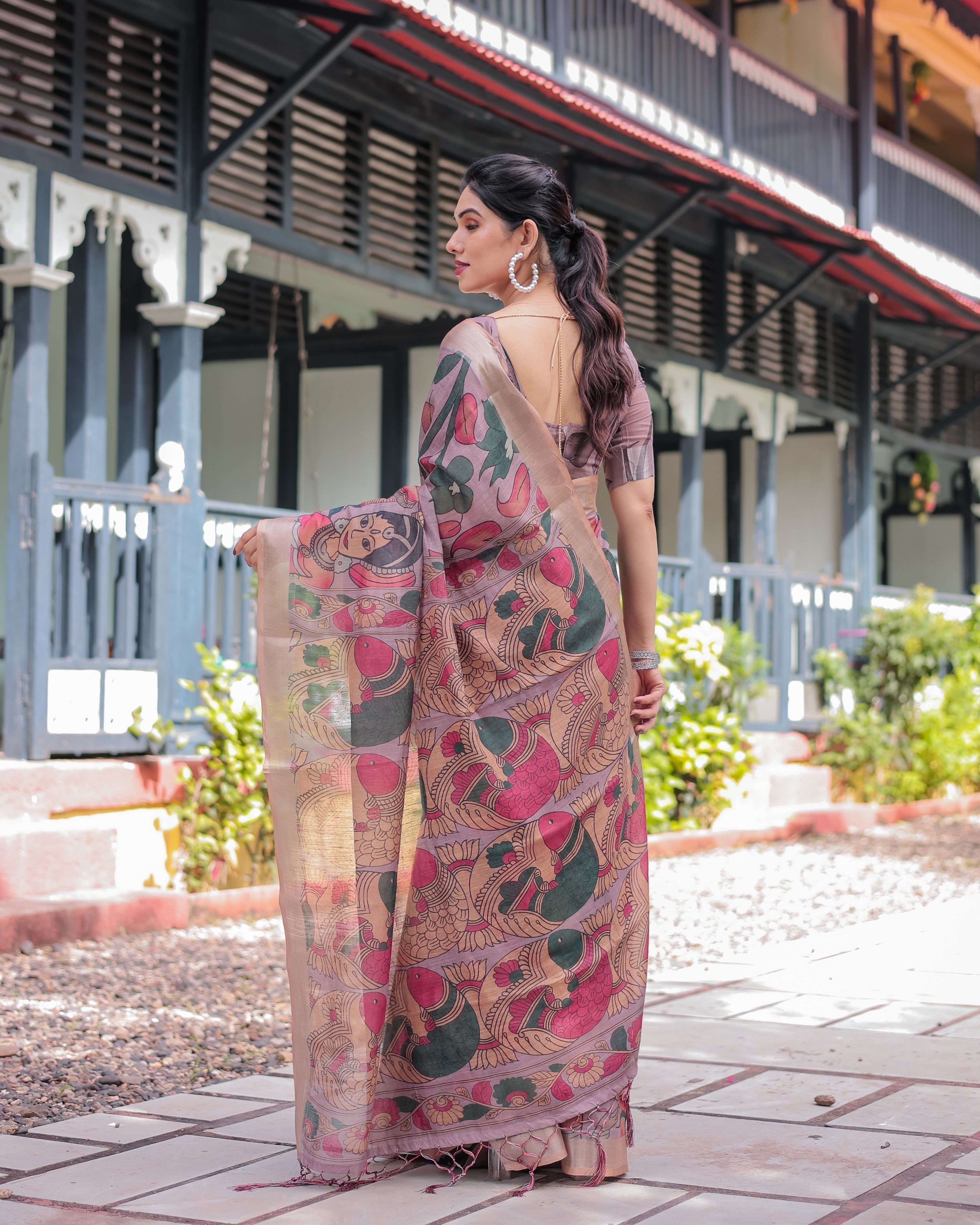 Pastel Peach Kalamkari Design Pure Cotton Linen Saree with Blouse and Tassels LINEN H 161170