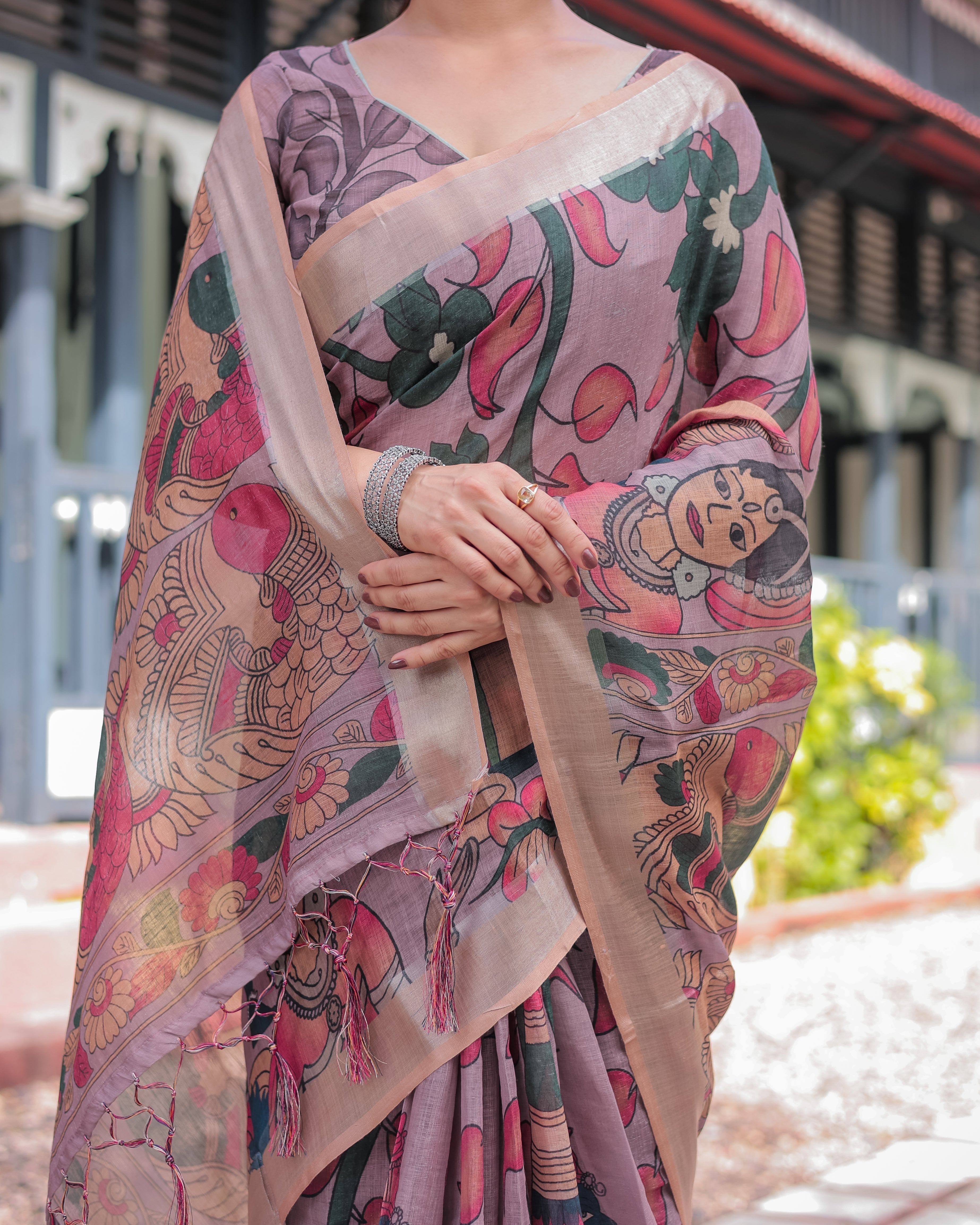Pastel Peach Kalamkari Design Pure Cotton Linen Saree with Blouse and Tassels LINEN H 161170