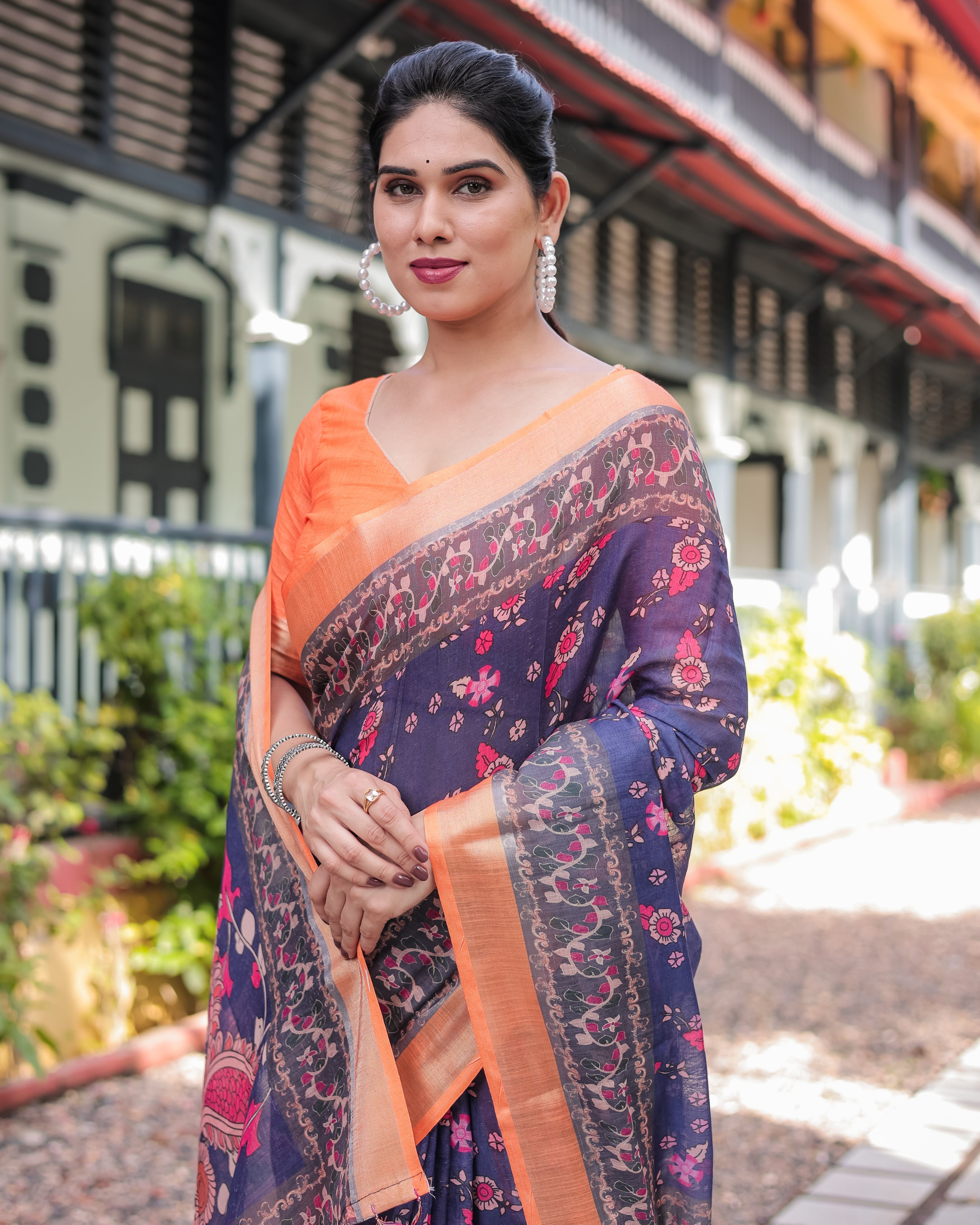 Indigo Blue Floral Print Pure Cotton Linen Saree with Orange Border and Tassels LINEN H 171174