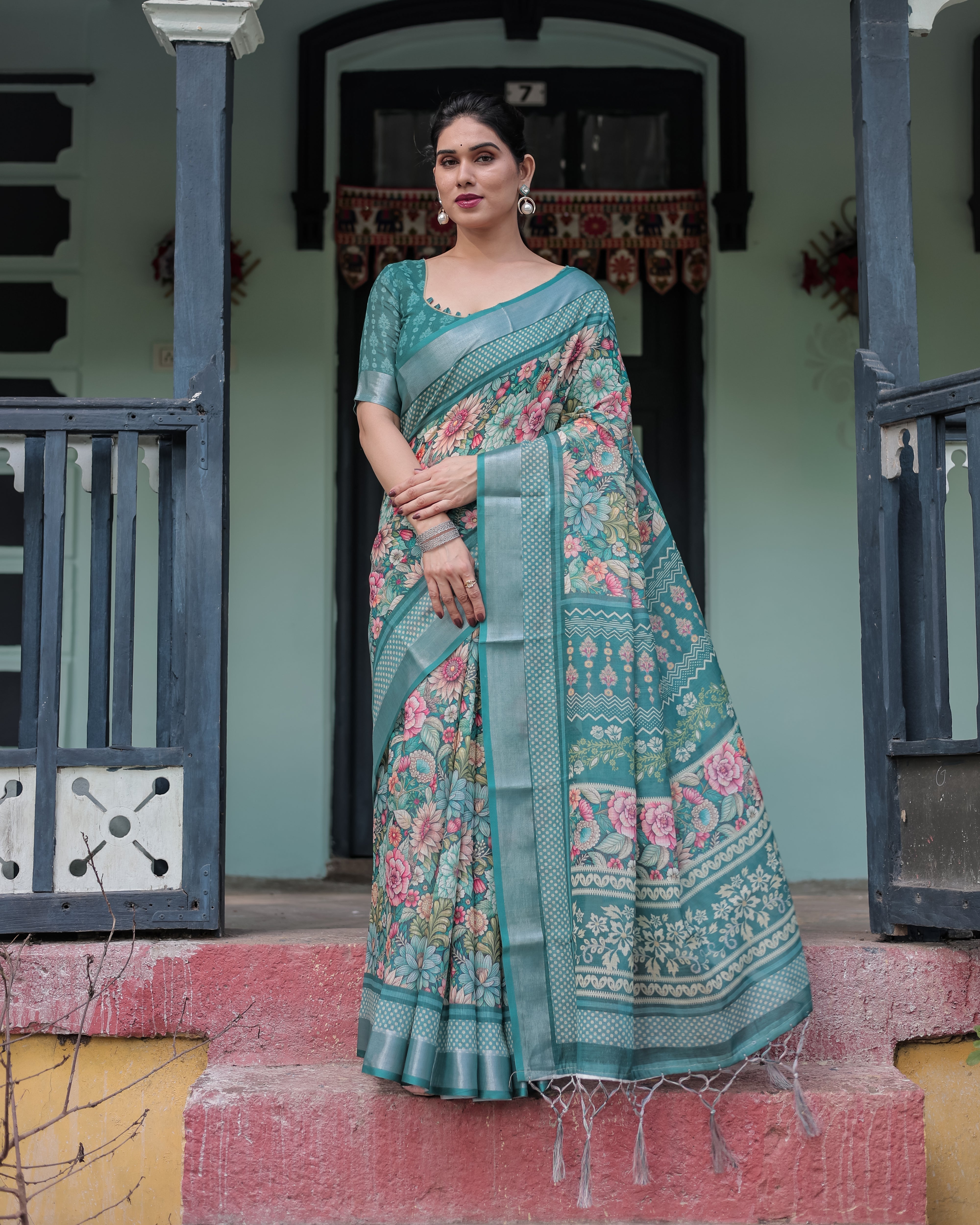 Teal Green Floral Printed Pure Cotton Linen Saree with Blouse and Tassels on Edges LINEN H 141150