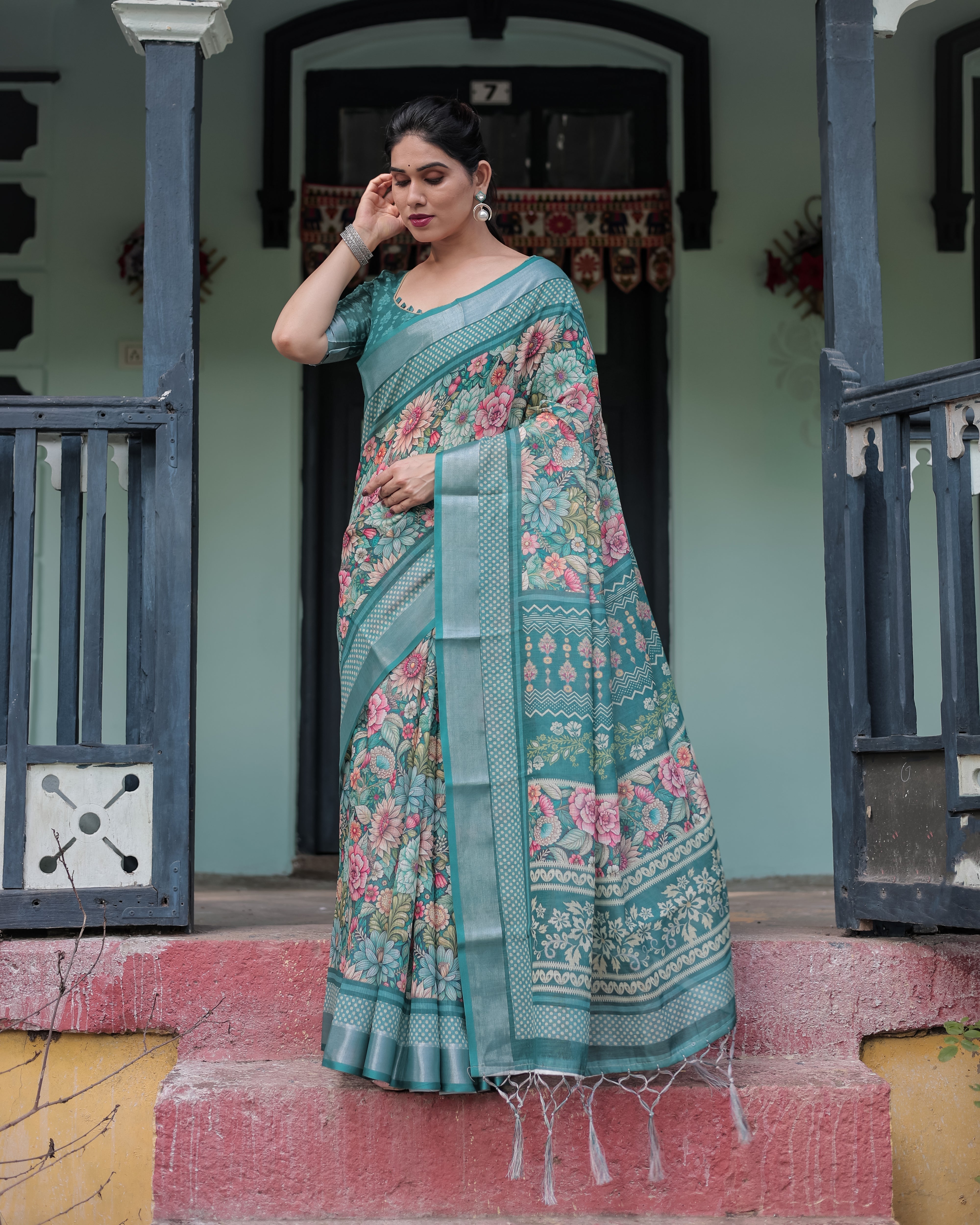 Teal Green Floral Printed Pure Cotton Linen Saree with Blouse and Tassels on Edges LINEN H 141150