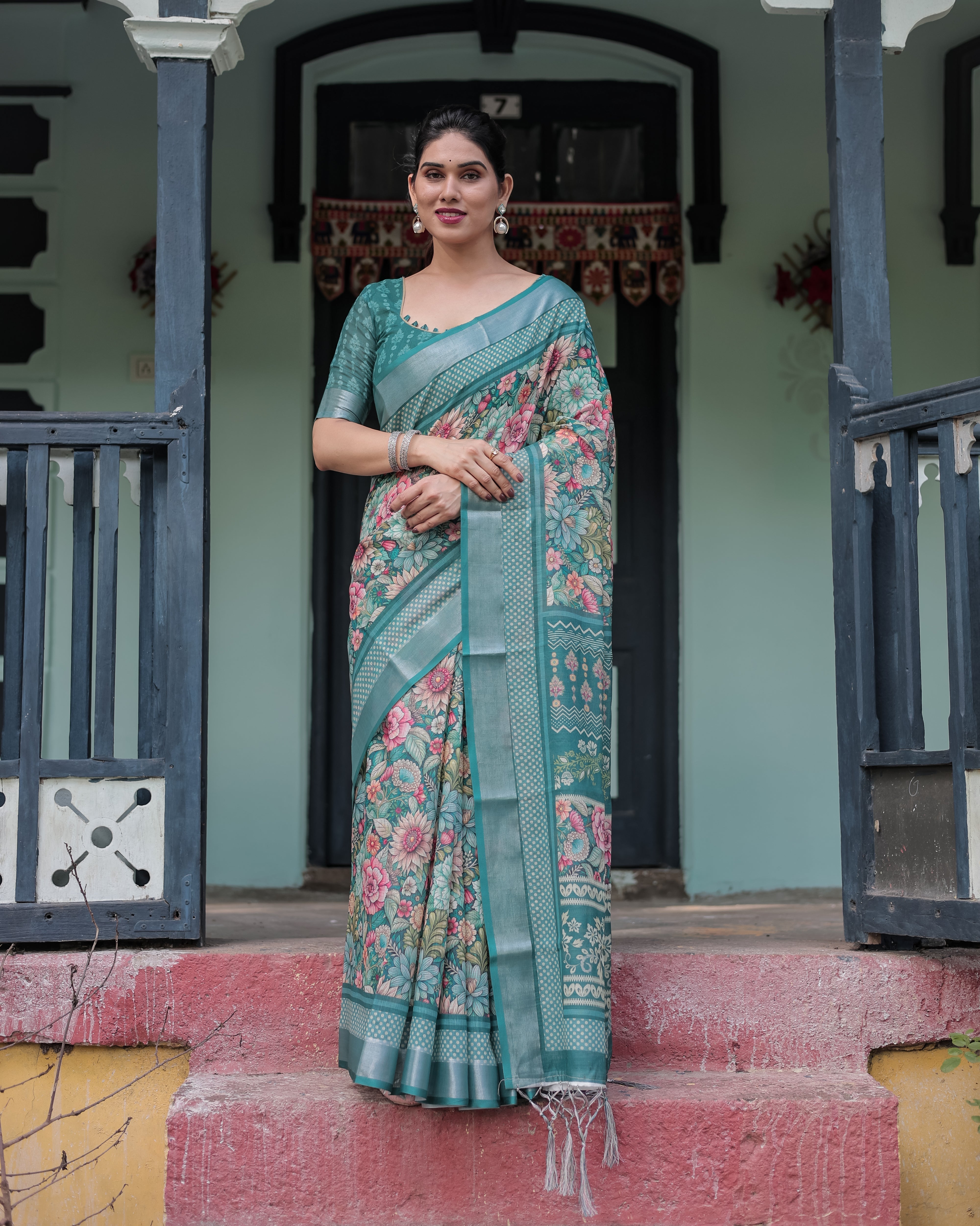 Teal Green Floral Printed Pure Cotton Linen Saree with Blouse and Tassels on Edges LINEN H 141150