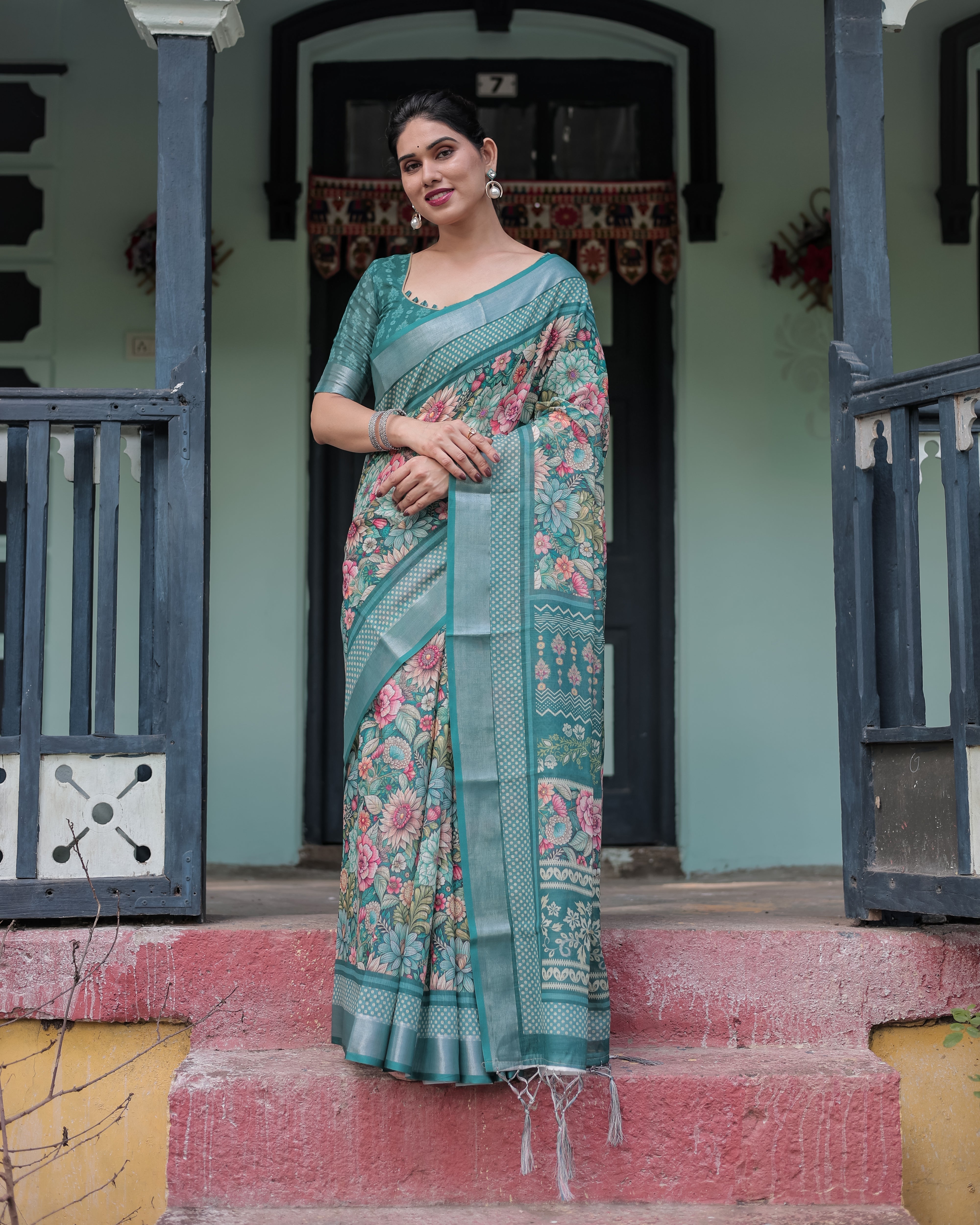 Teal Green Floral Printed Pure Cotton Linen Saree with Blouse and Tassels on Edges LINEN H 141150