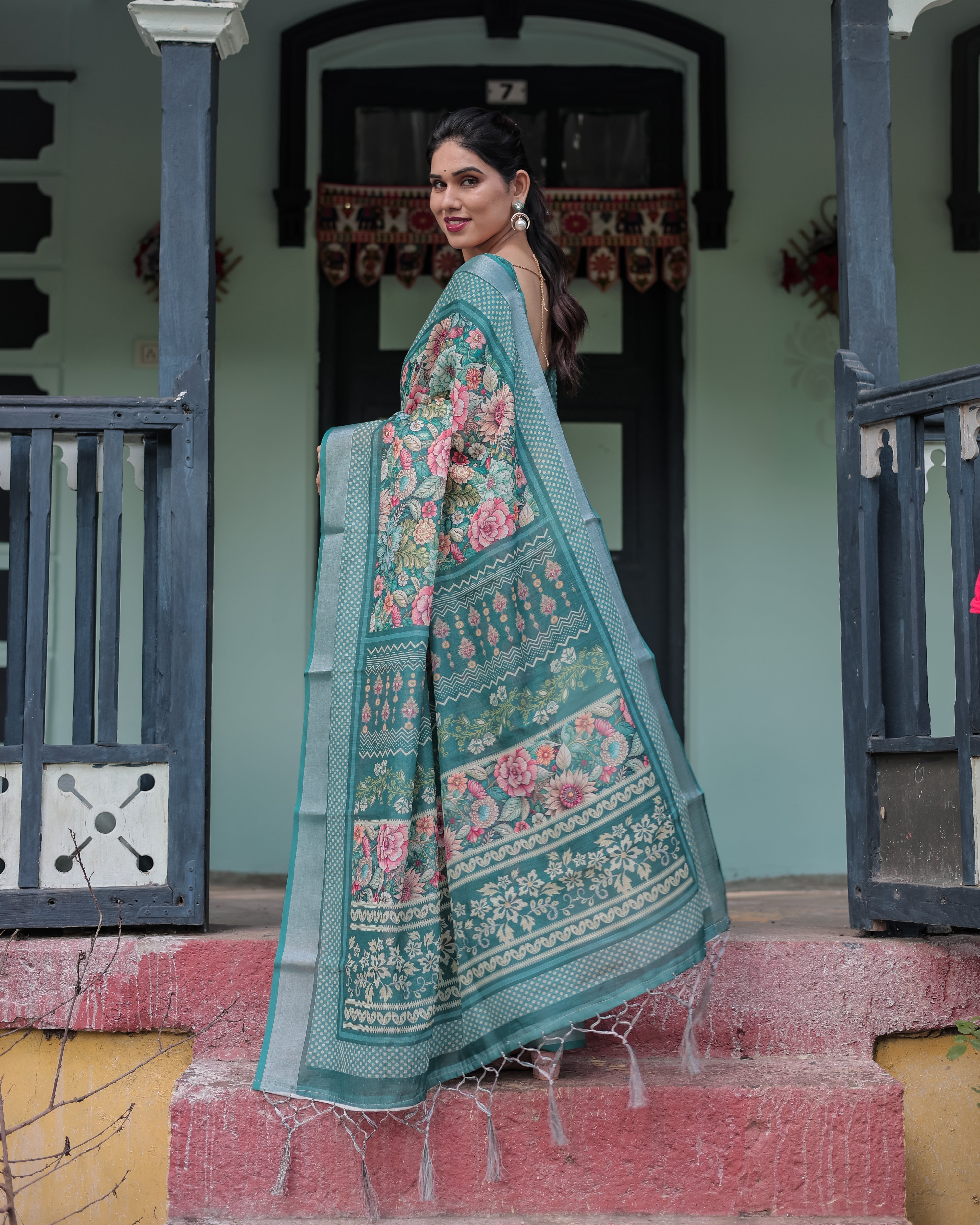Teal Green Floral Printed Pure Cotton Linen Saree with Blouse and Tassels on Edges LINEN H 141150