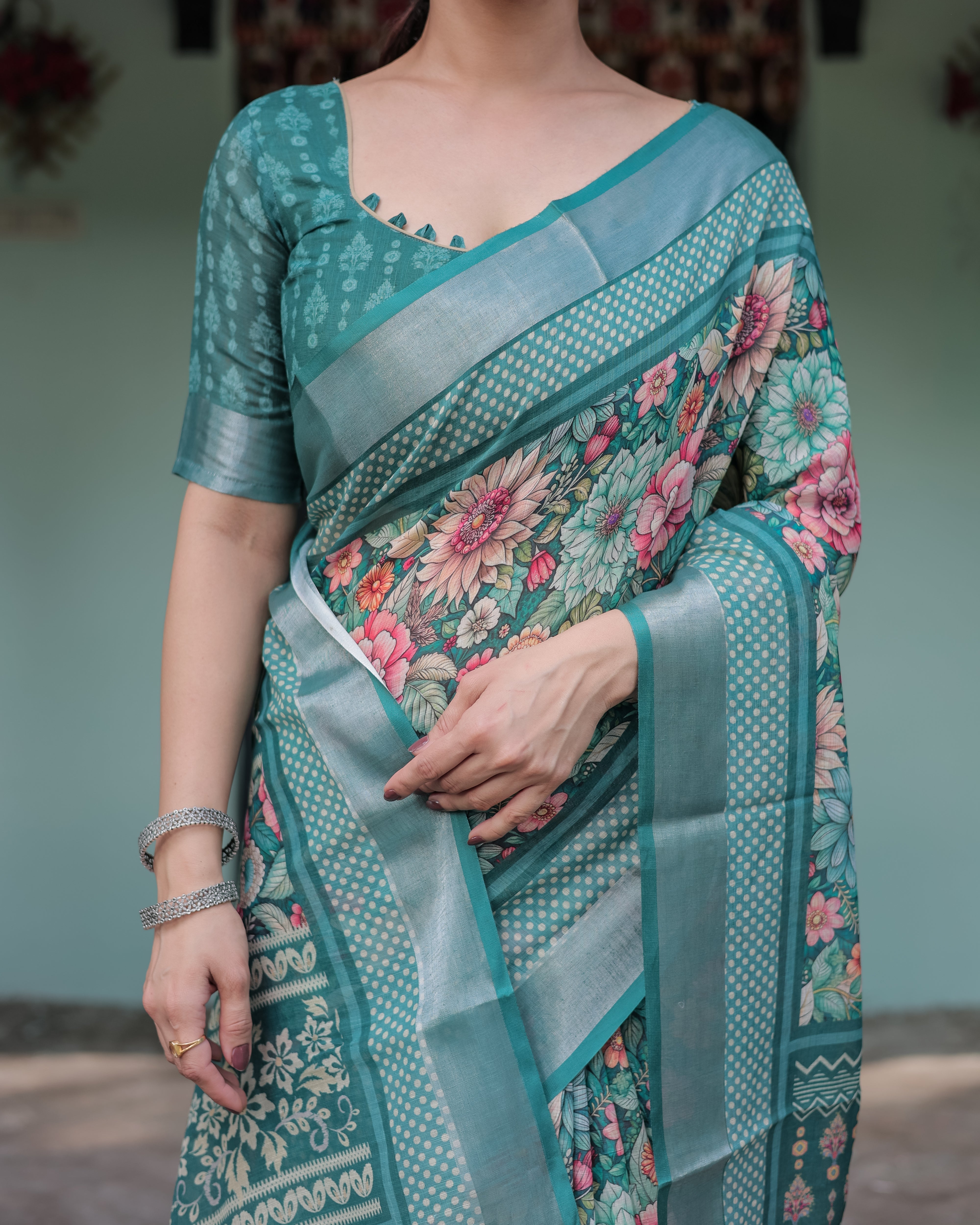 Teal Green Floral Printed Pure Cotton Linen Saree with Blouse and Tassels on Edges LINEN H 141150