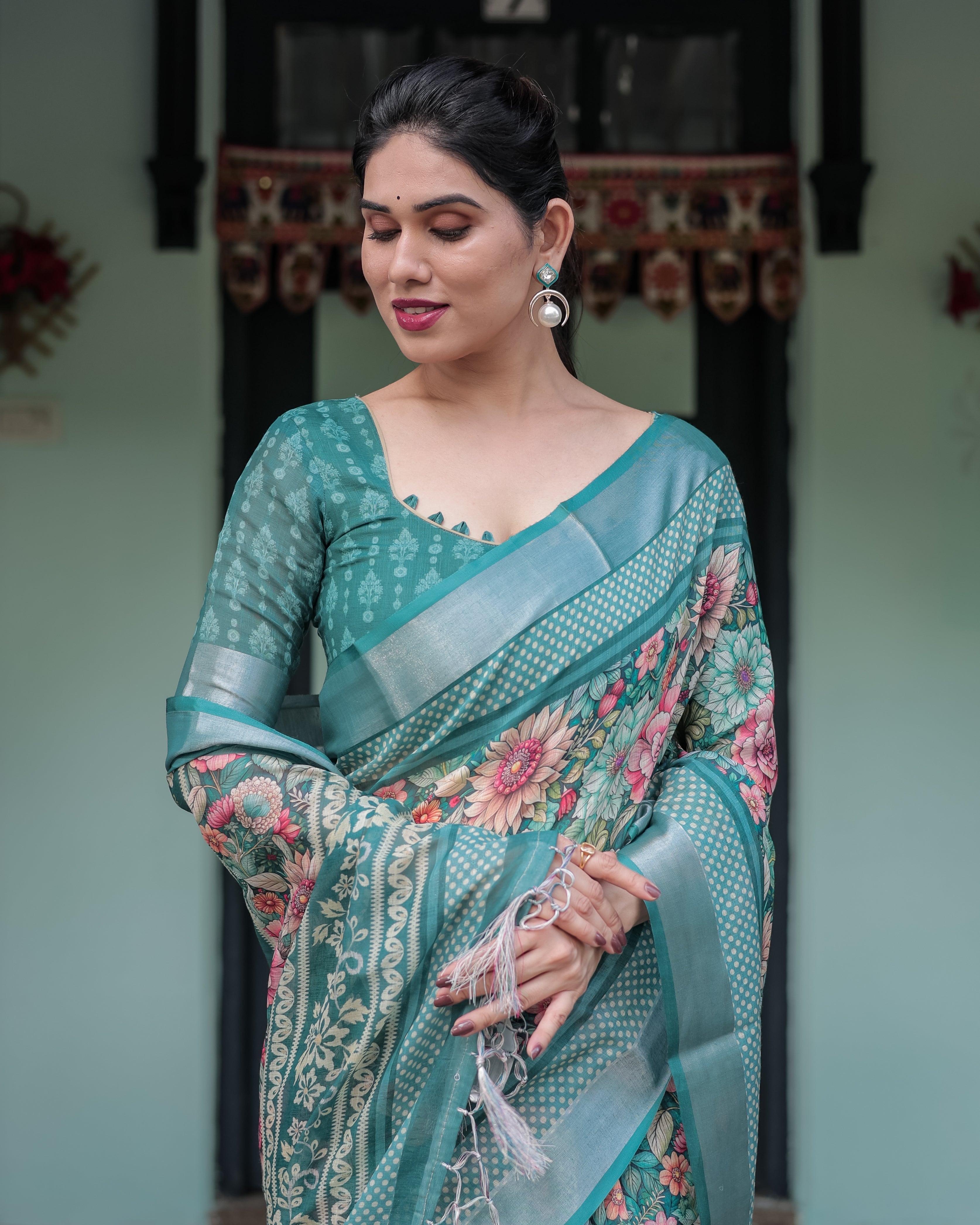 Teal Green Floral Printed Pure Cotton Linen Saree with Blouse and Tassels on Edges LINEN H 141150