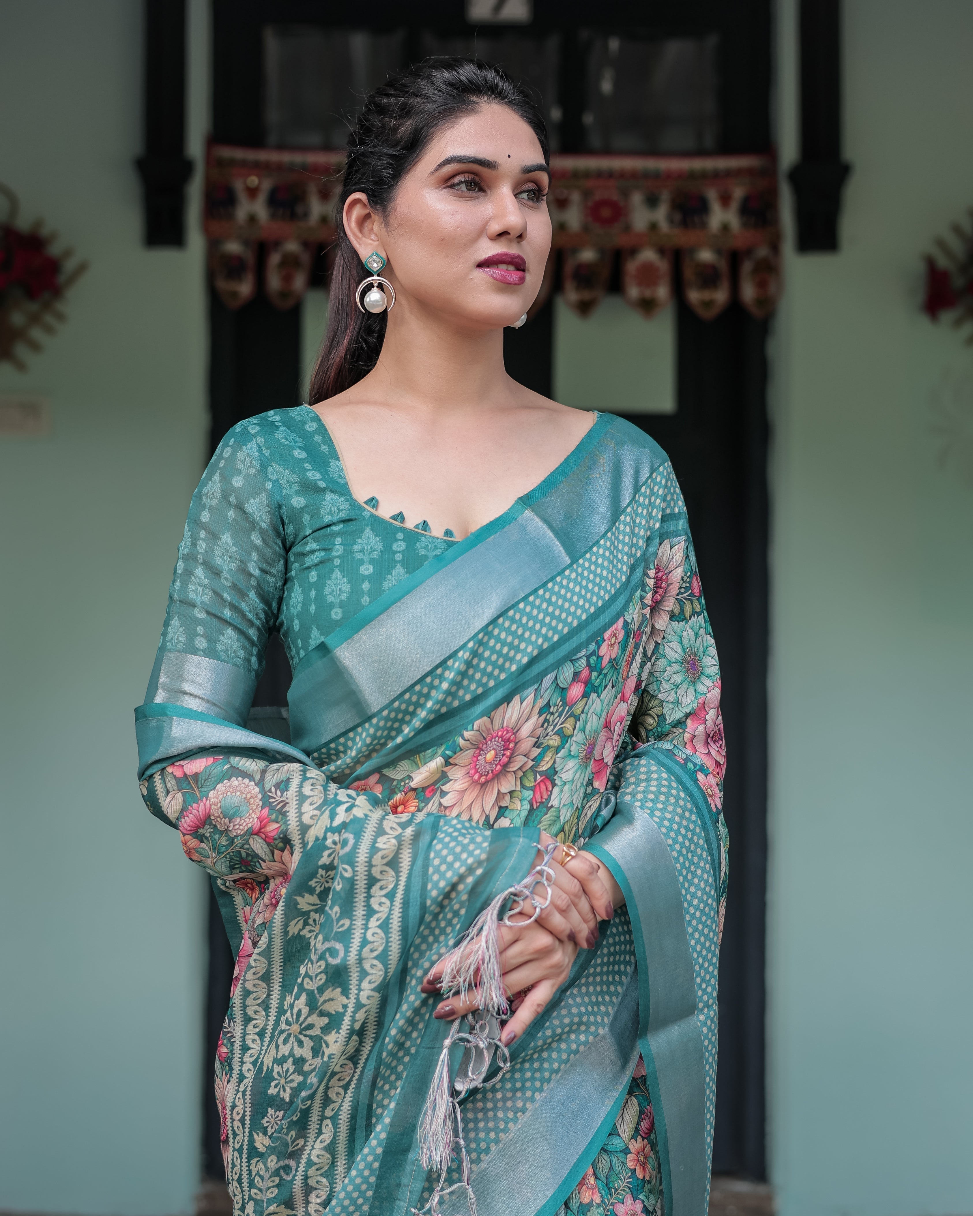 Teal Green Floral Printed Pure Cotton Linen Saree with Blouse and Tassels on Edges LINEN H 141150