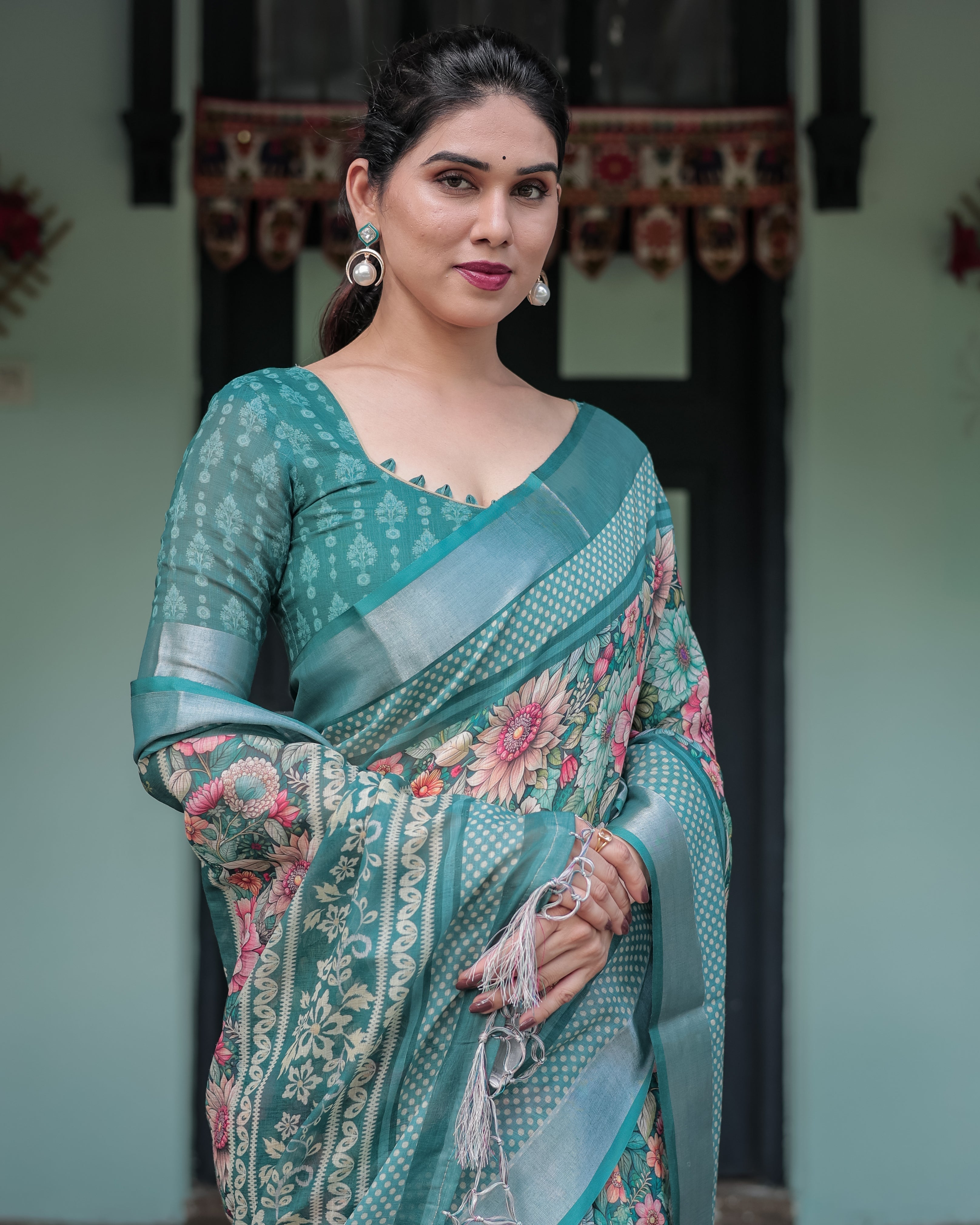 Teal Green Floral Printed Pure Cotton Linen Saree with Blouse and Tassels on Edges LINEN H 141150