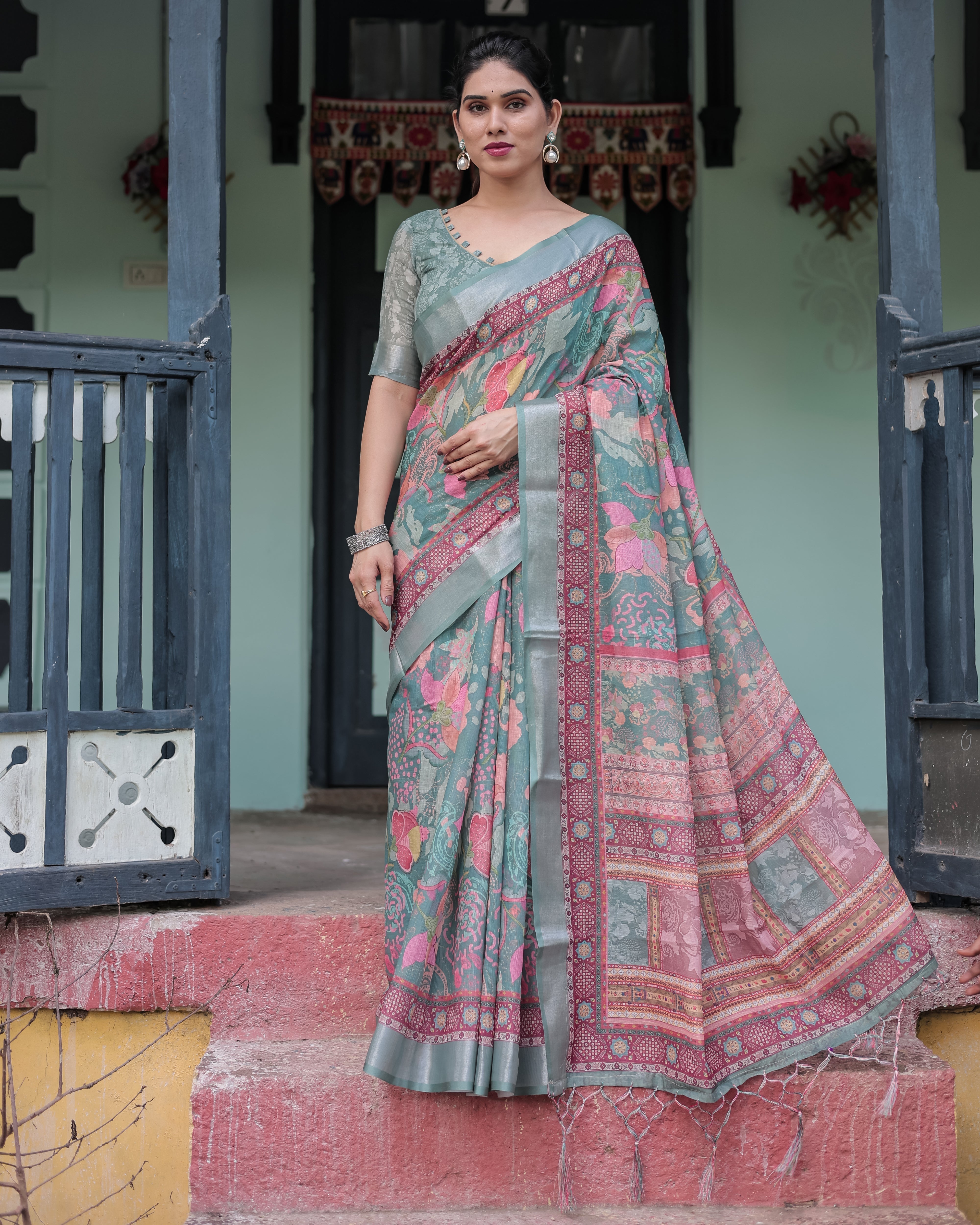 Pink and Maroon Pure Cotton Linen Saree with Blouse and Tassels - Floral Design with Leaf Patterns LINEN H 151160