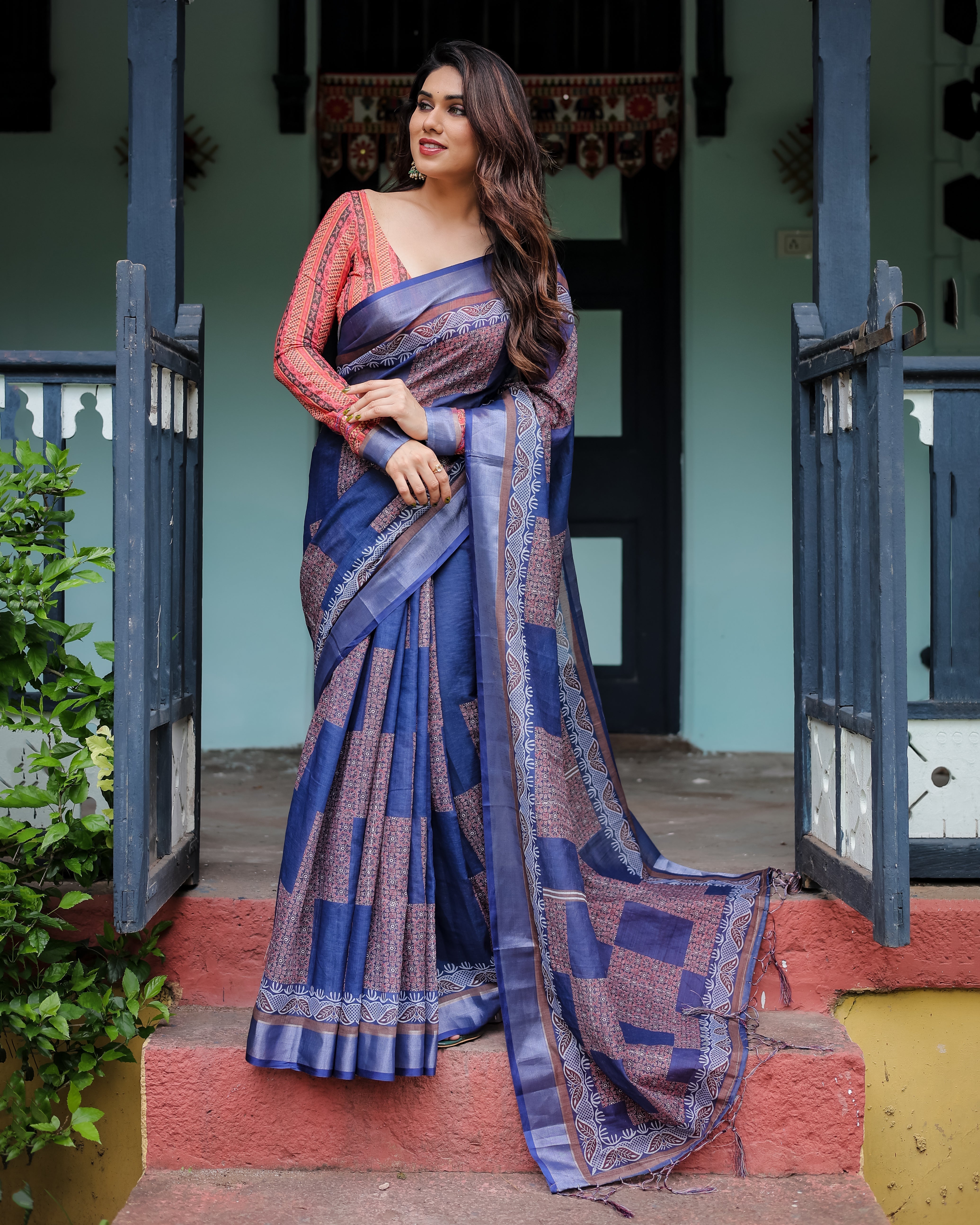 Navy Blue & Red Pure Cotton Linen Saree with Blouse and Tassels on Edges LINEN H 121130