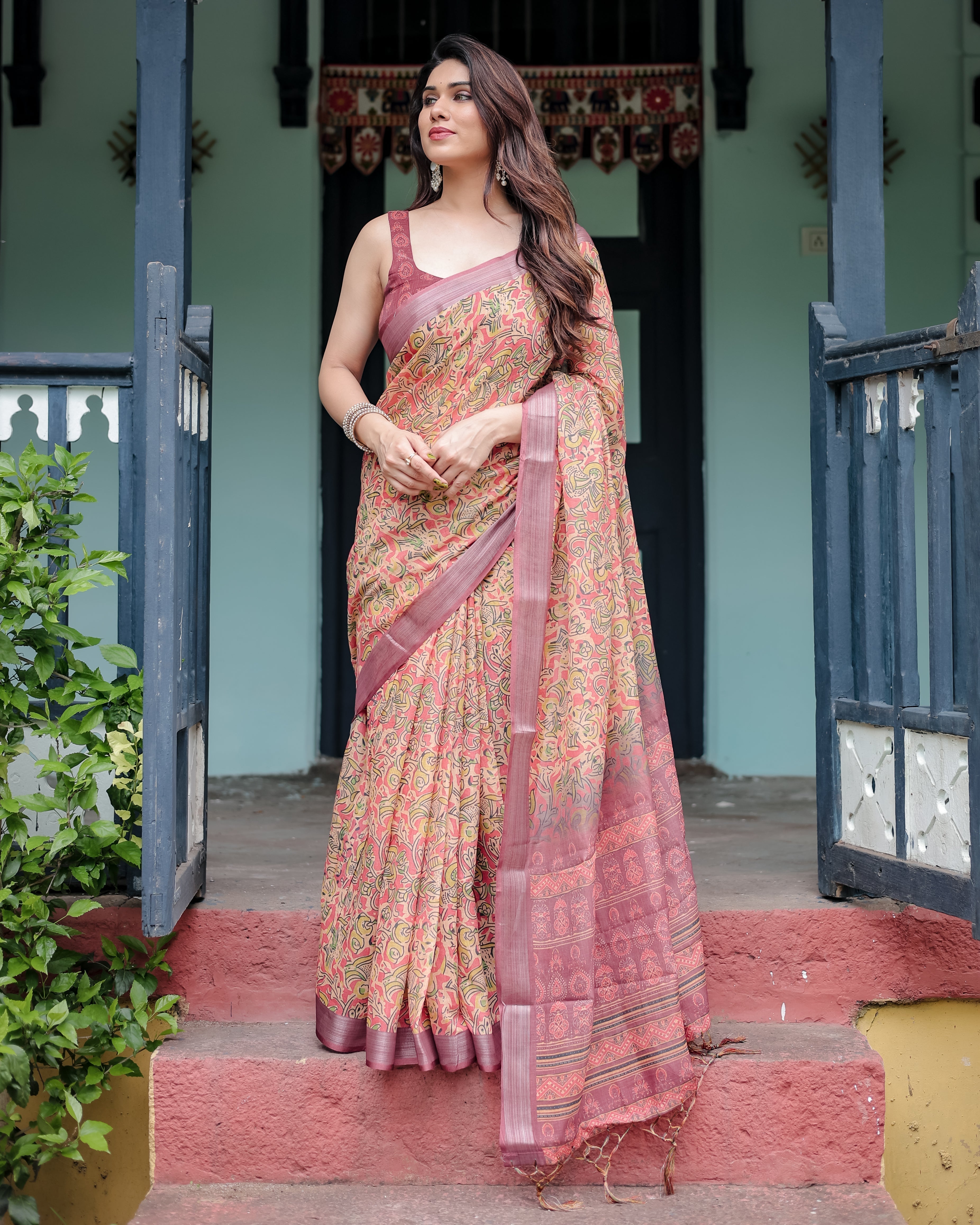 Beige and Rust Pure Cotton Linen Saree with Tribal Block Print Blouse and Tassel Detailing LINEN H 101110