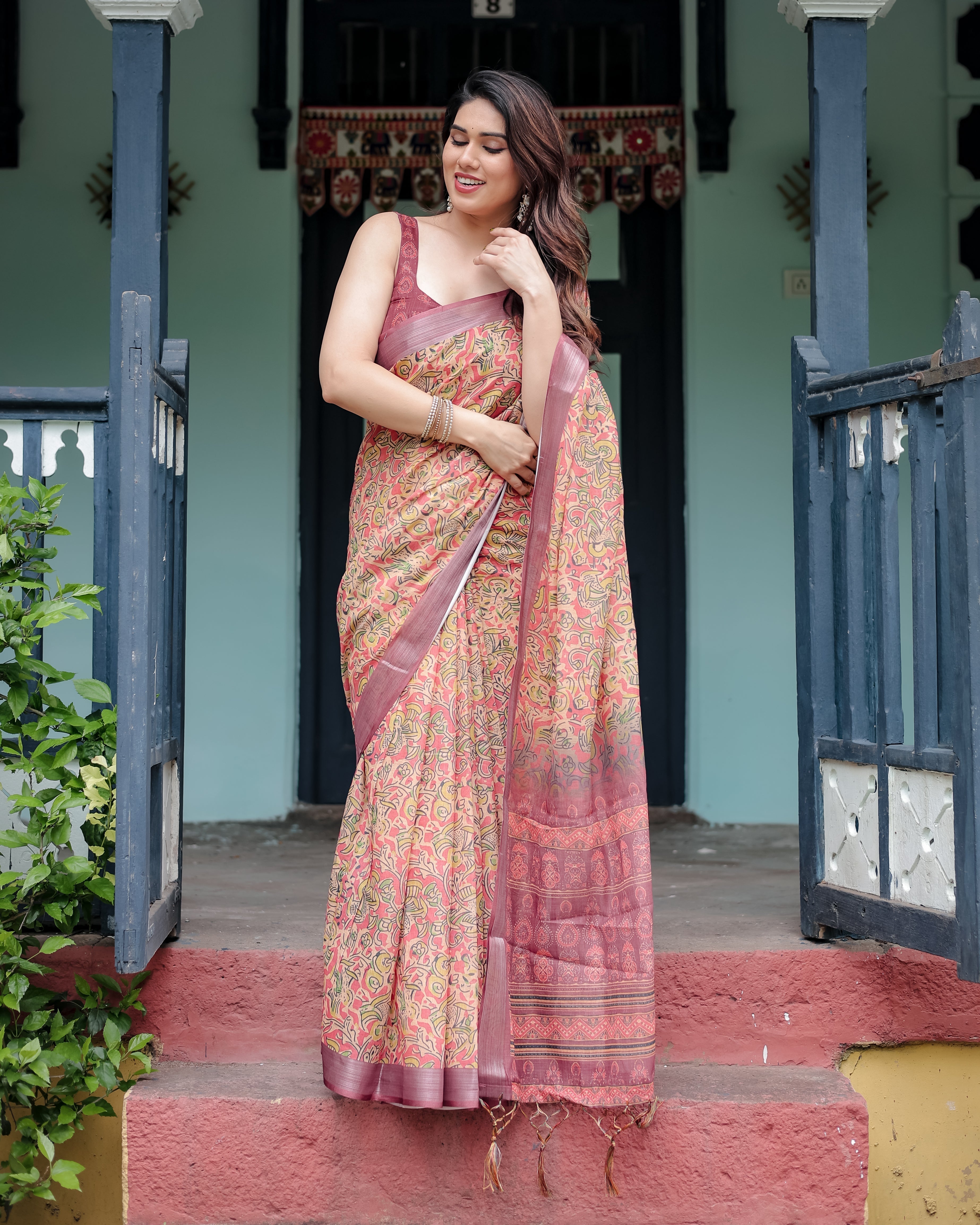Beige and Rust Pure Cotton Linen Saree with Tribal Block Print Blouse and Tassel Detailing LINEN H 101110