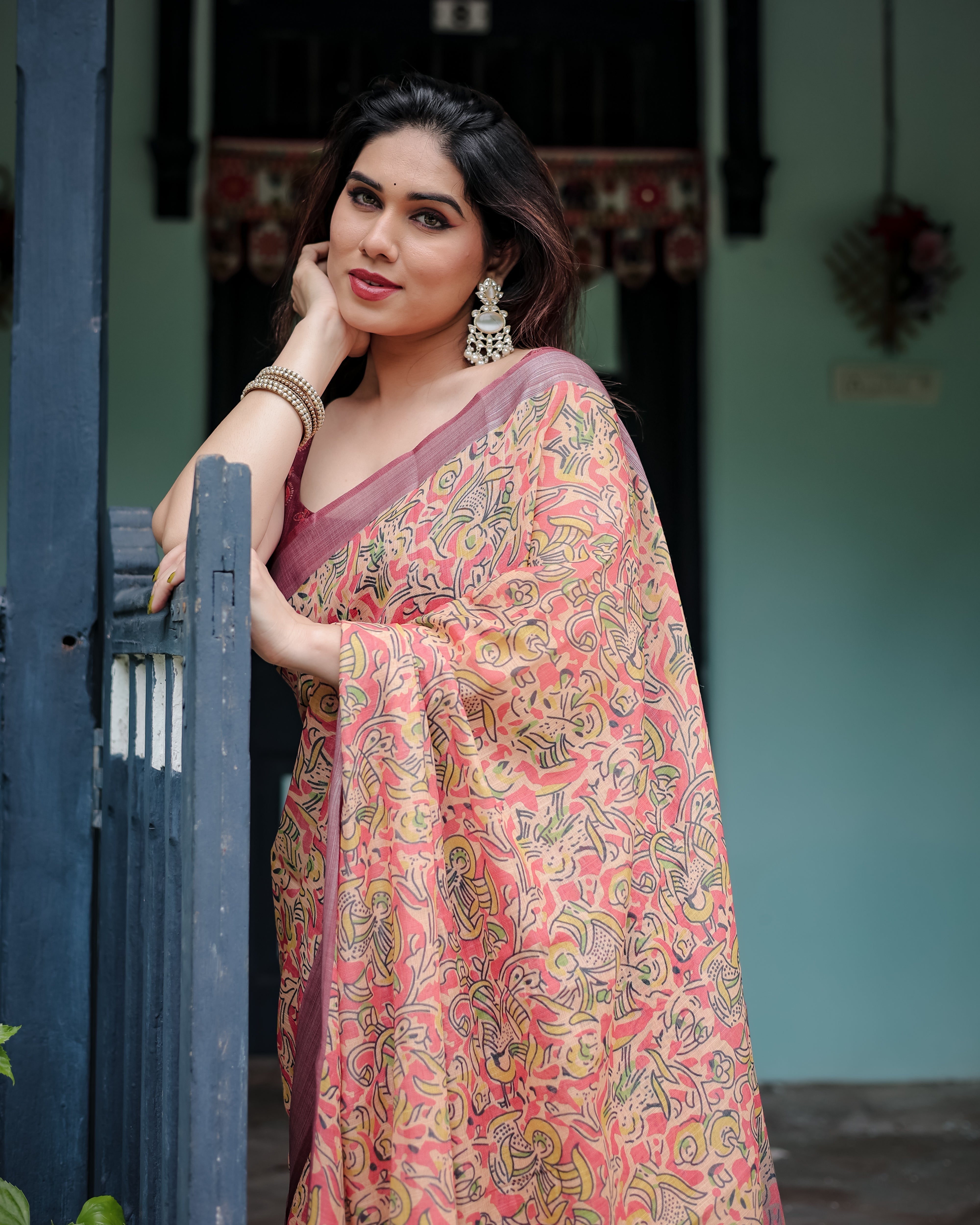 Beige and Rust Pure Cotton Linen Saree with Tribal Block Print Blouse and Tassel Detailing LINEN H 101110