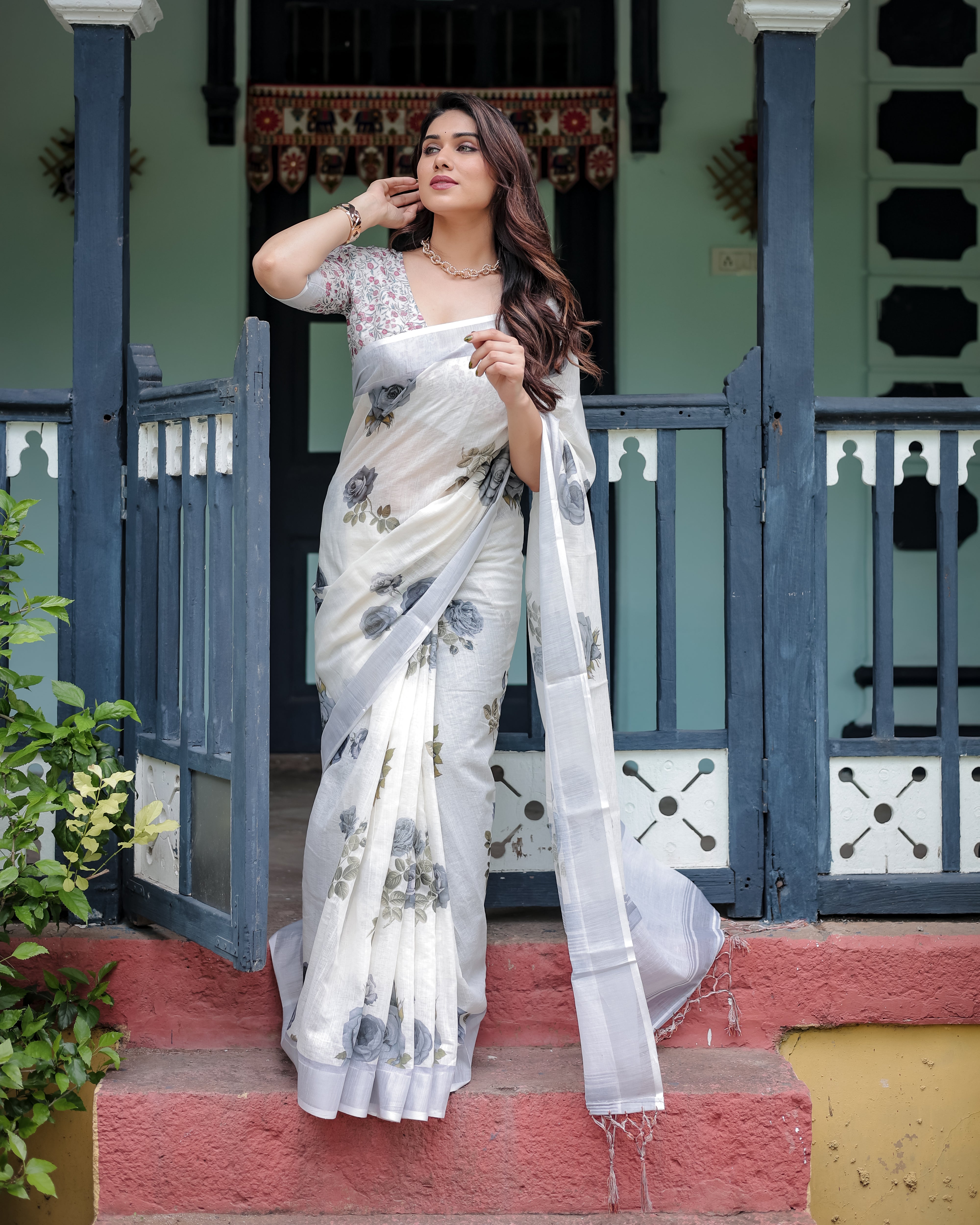 White and Grey Pure Cotton Linen Saree with Floral Print Blouse and Tassel Detailing LINEN H 111120