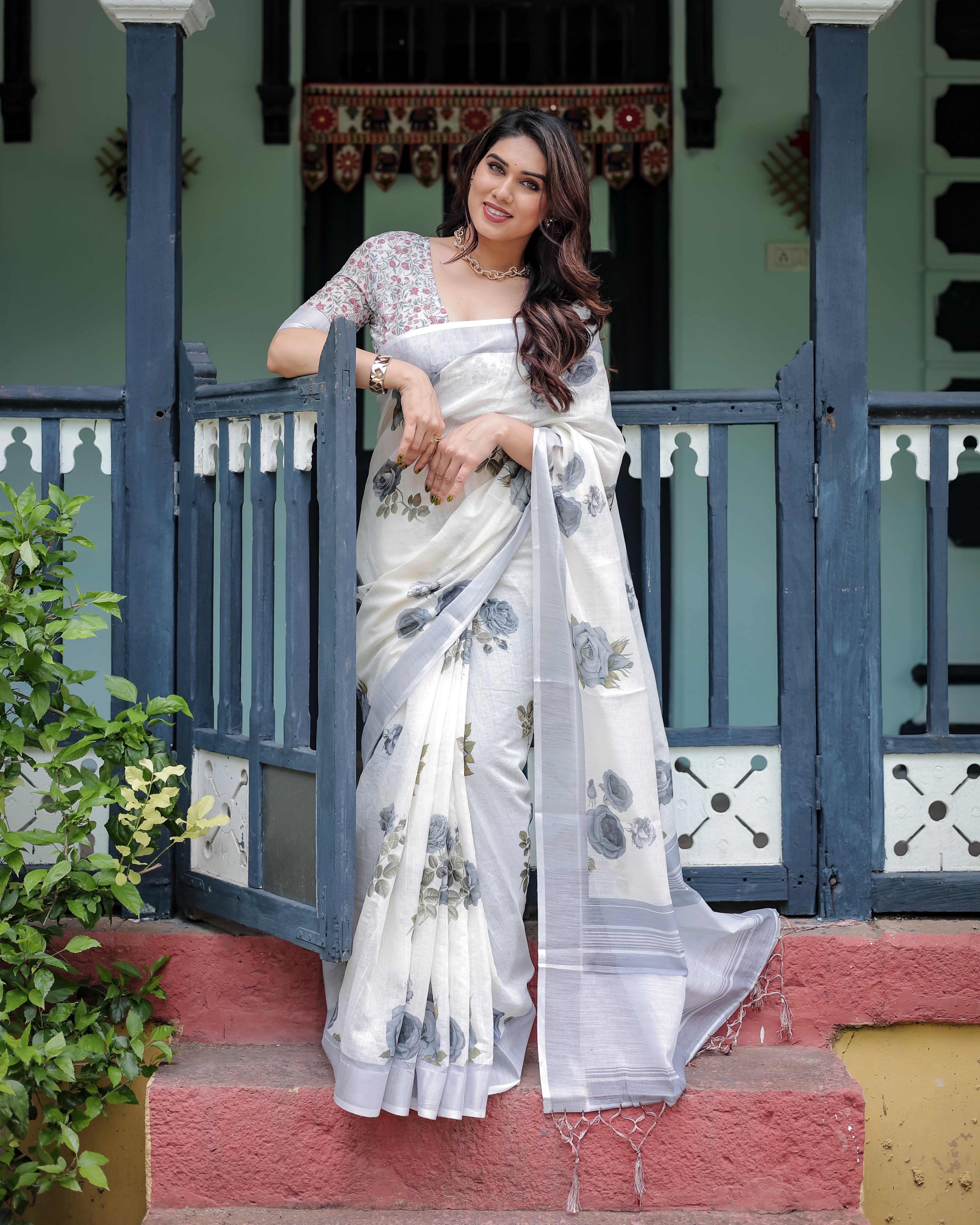 White and Grey Pure Cotton Linen Saree with Floral Print Blouse and Tassel Detailing LINEN H 111120