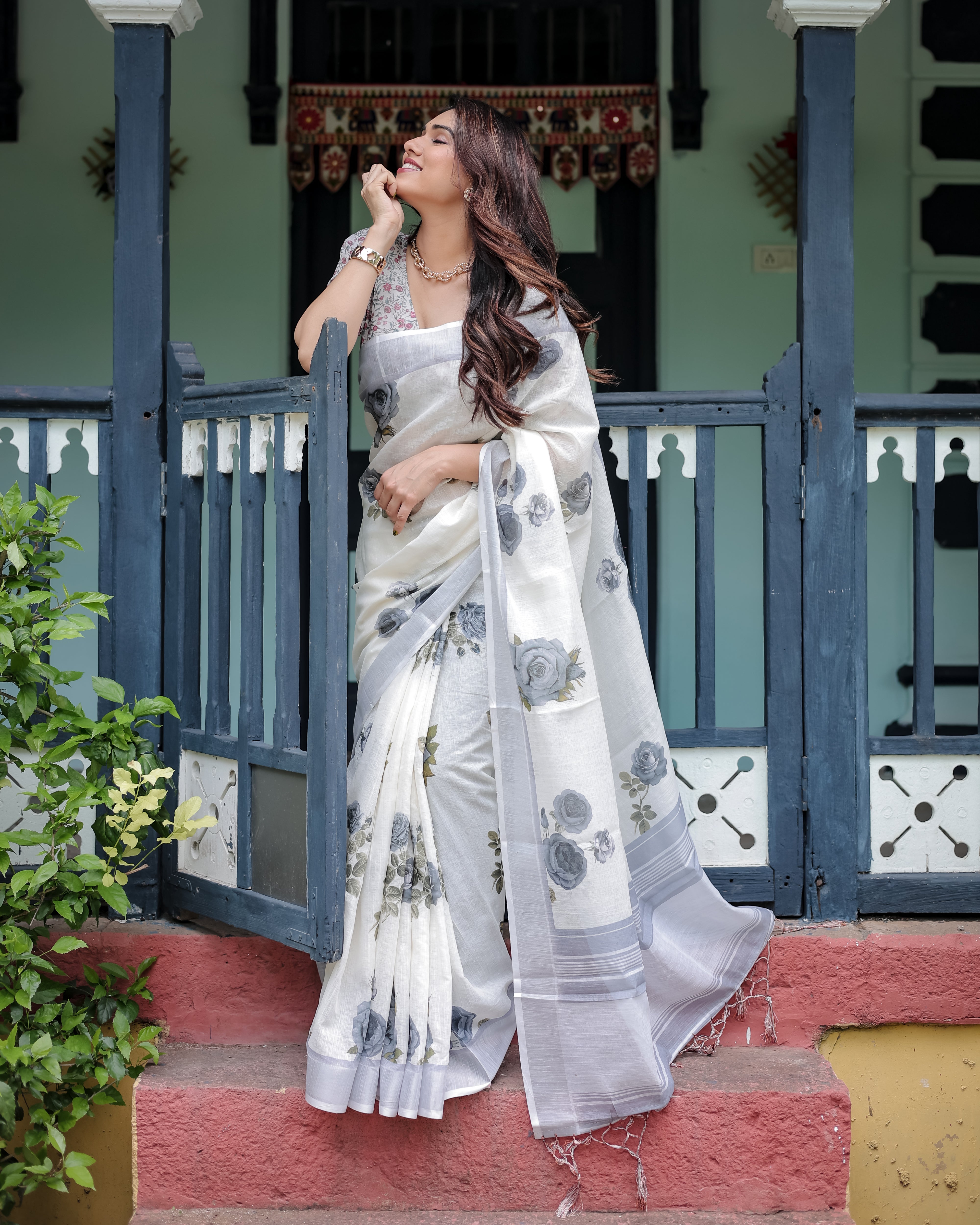 White and Grey Pure Cotton Linen Saree with Floral Print Blouse and Tassel Detailing LINEN H 111120