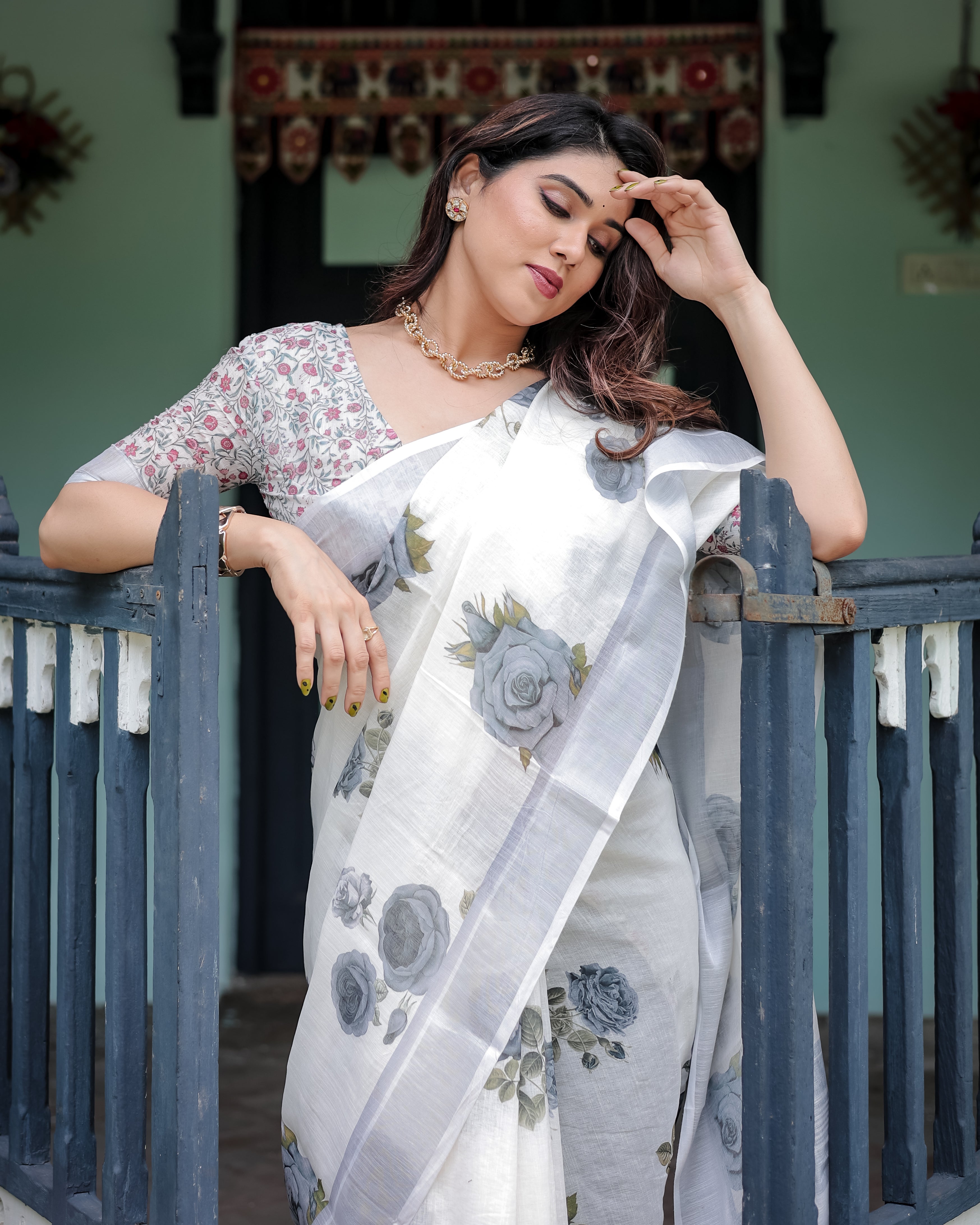 White and Grey Pure Cotton Linen Saree with Floral Print Blouse and Tassel Detailing LINEN H 111120