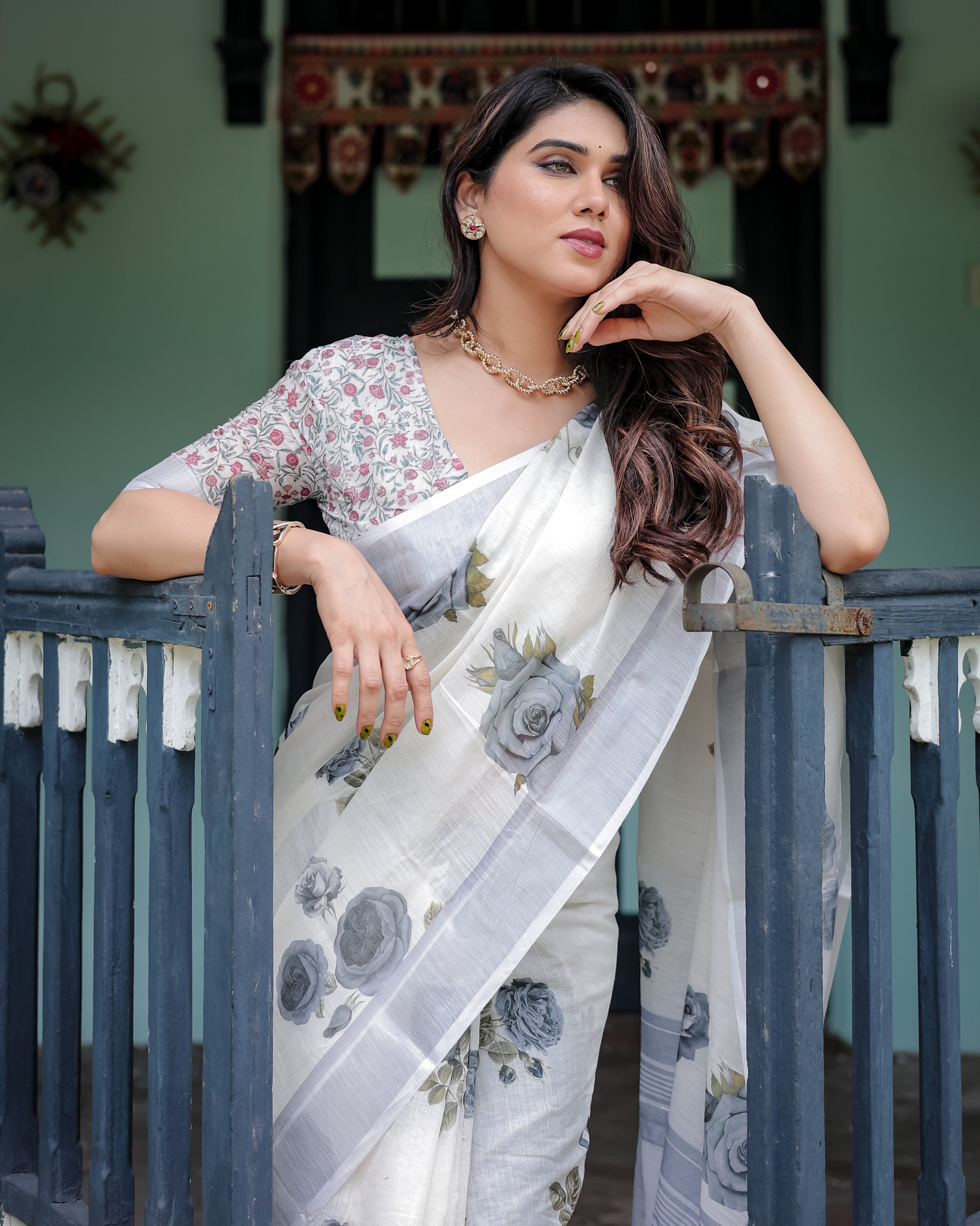 White and Grey Pure Cotton Linen Saree with Floral Print Blouse and Tassel Detailing LINEN H 111120