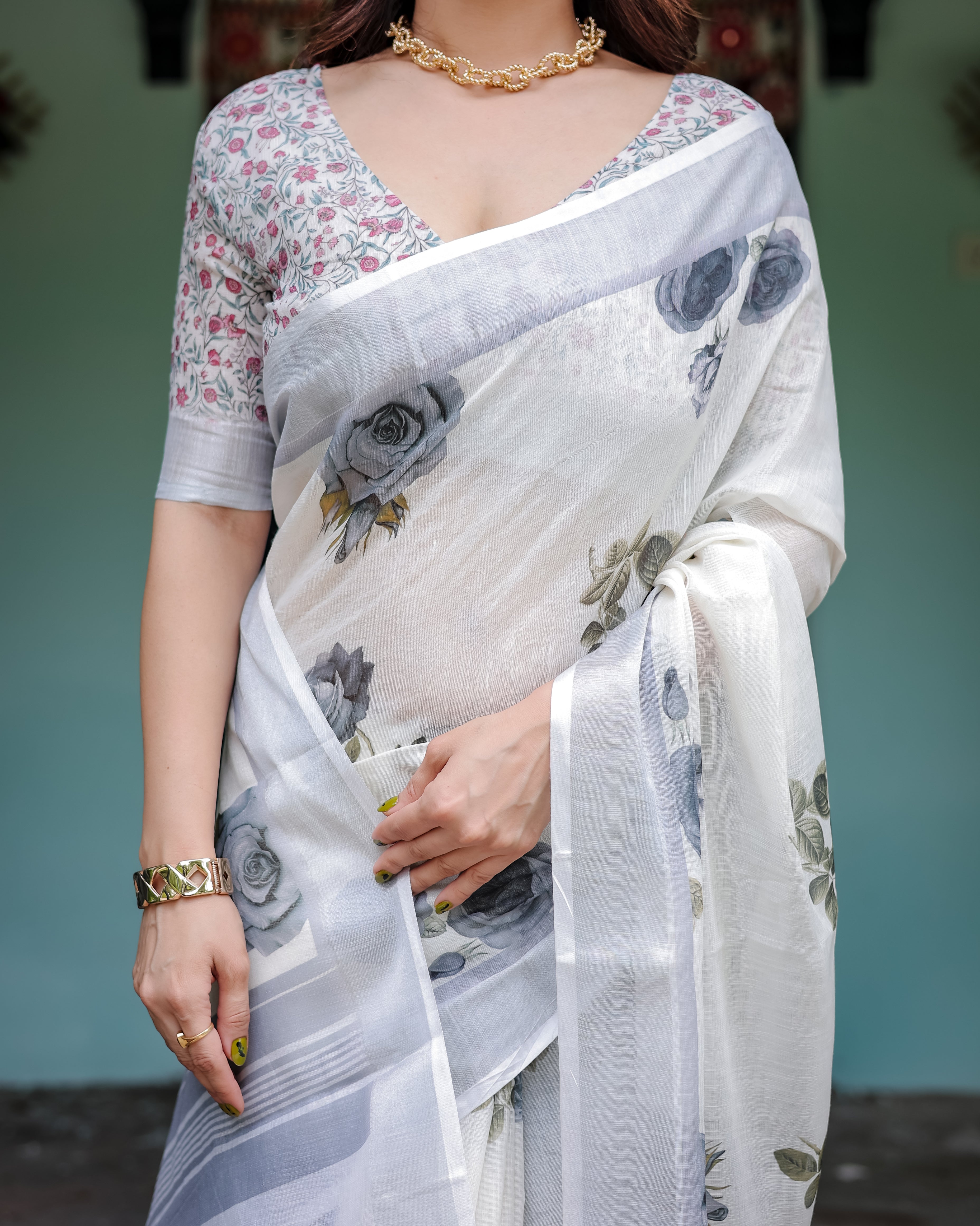 White and Grey Pure Cotton Linen Saree with Floral Print Blouse and Tassel Detailing LINEN H 111120