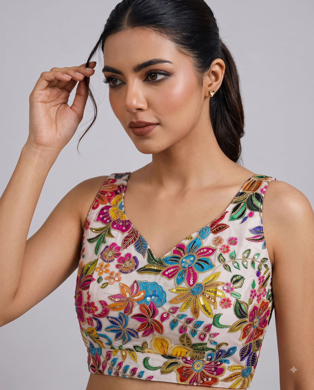 Sleeveless Position Print Embroidered Ready to Wear Blouse