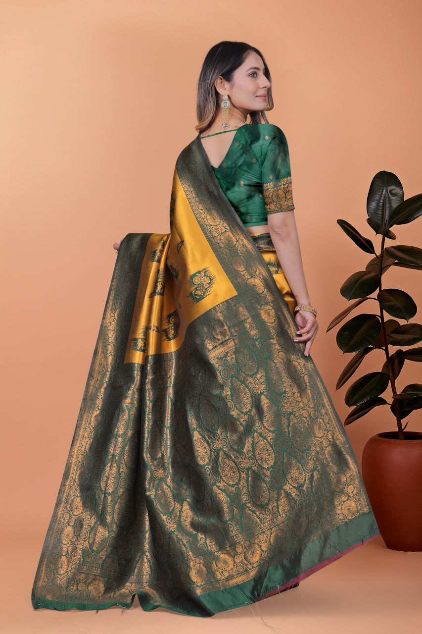 Mustard Yellow & Green Banarasi Silk Saree with Zari Weaving