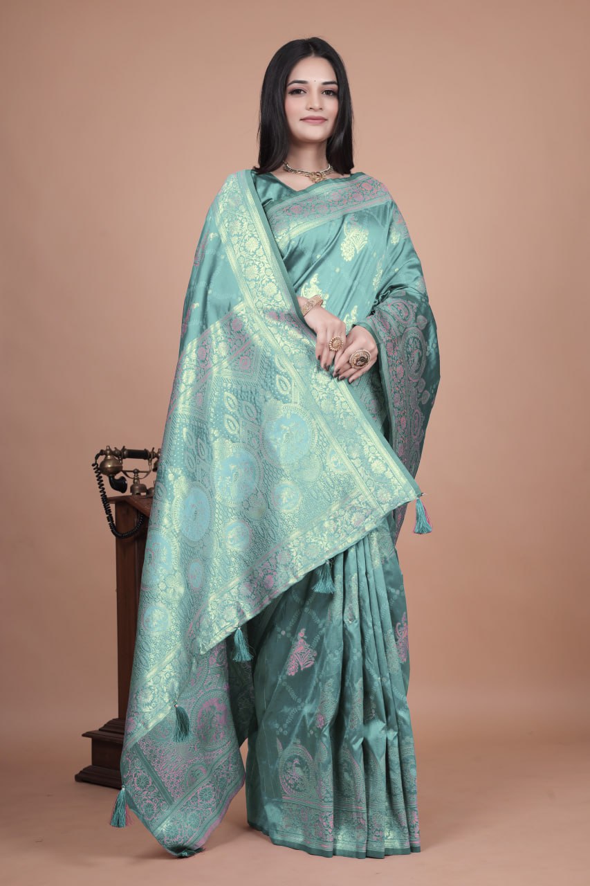Teal Banarasi Silk Saree with Golden Zari Weaving