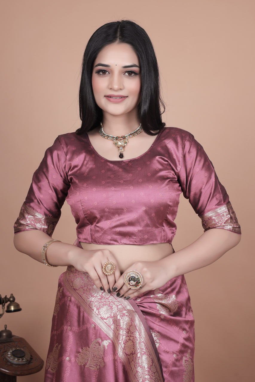 Rose Pink Banarasi Silk Saree with Intricate Silver Zari Weave