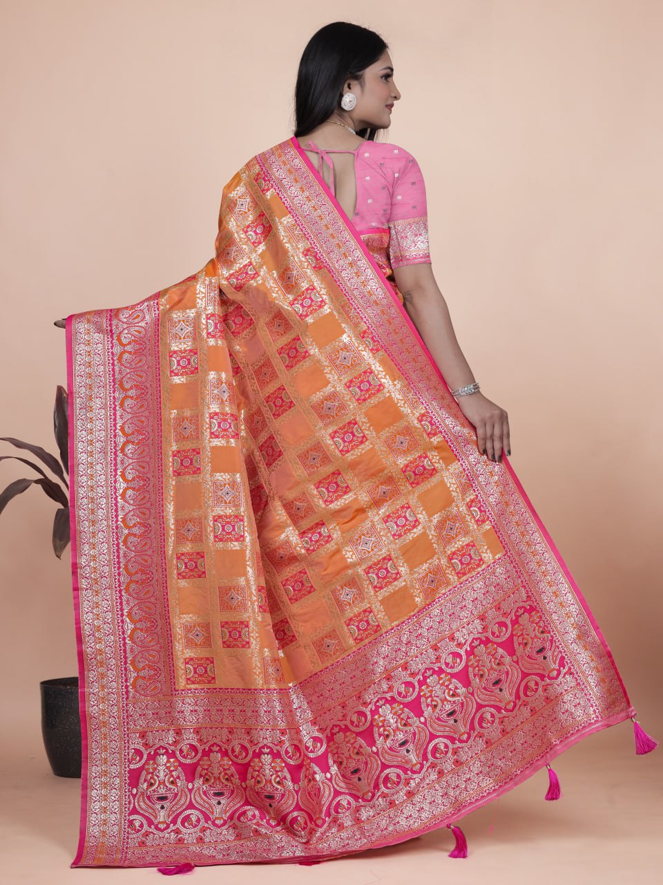Orange and Pink Banarasi Silk Saree with Silver Zari Work