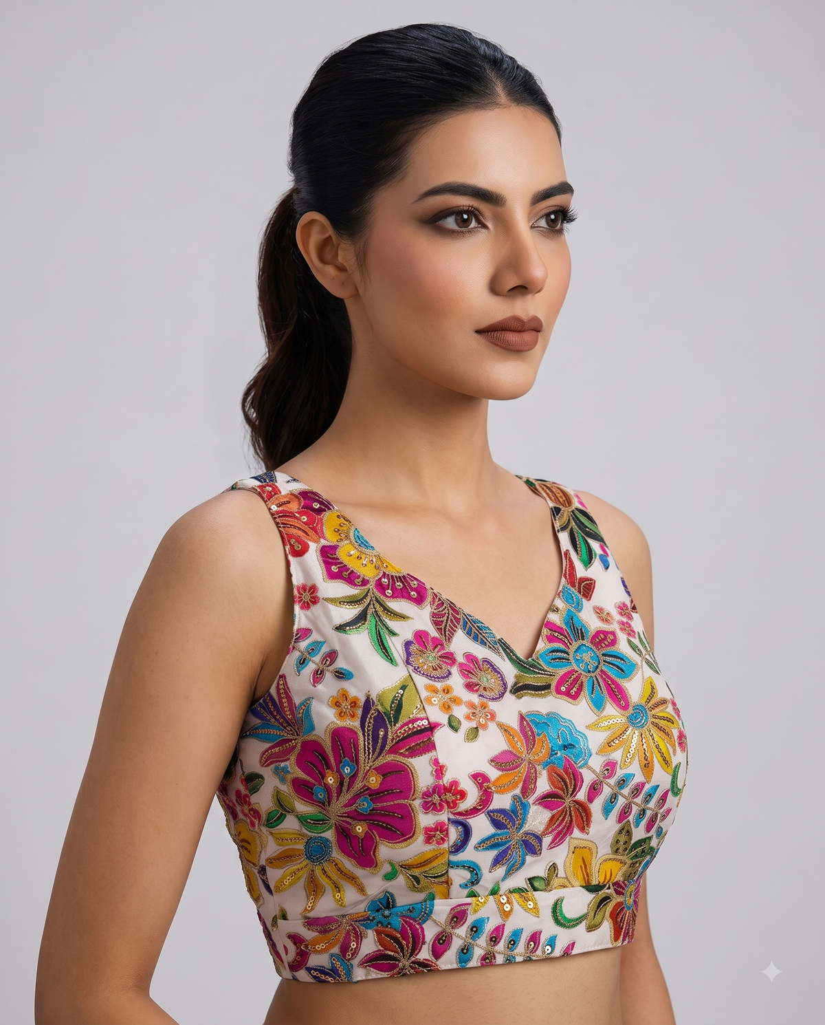 Sleeveless Position Print Embroidered Ready to Wear Blouse