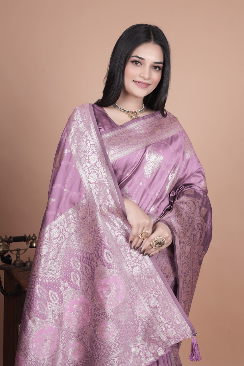 Lavender Banarasi Silk Saree with Silver Zari Weaving