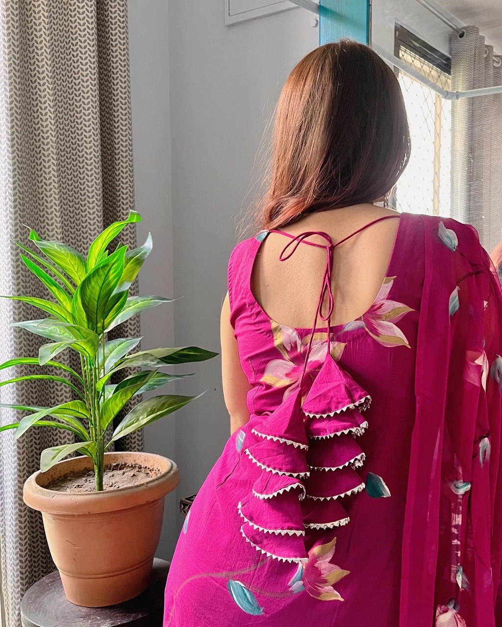 Floral Hand painted georgette kurta with tassels
