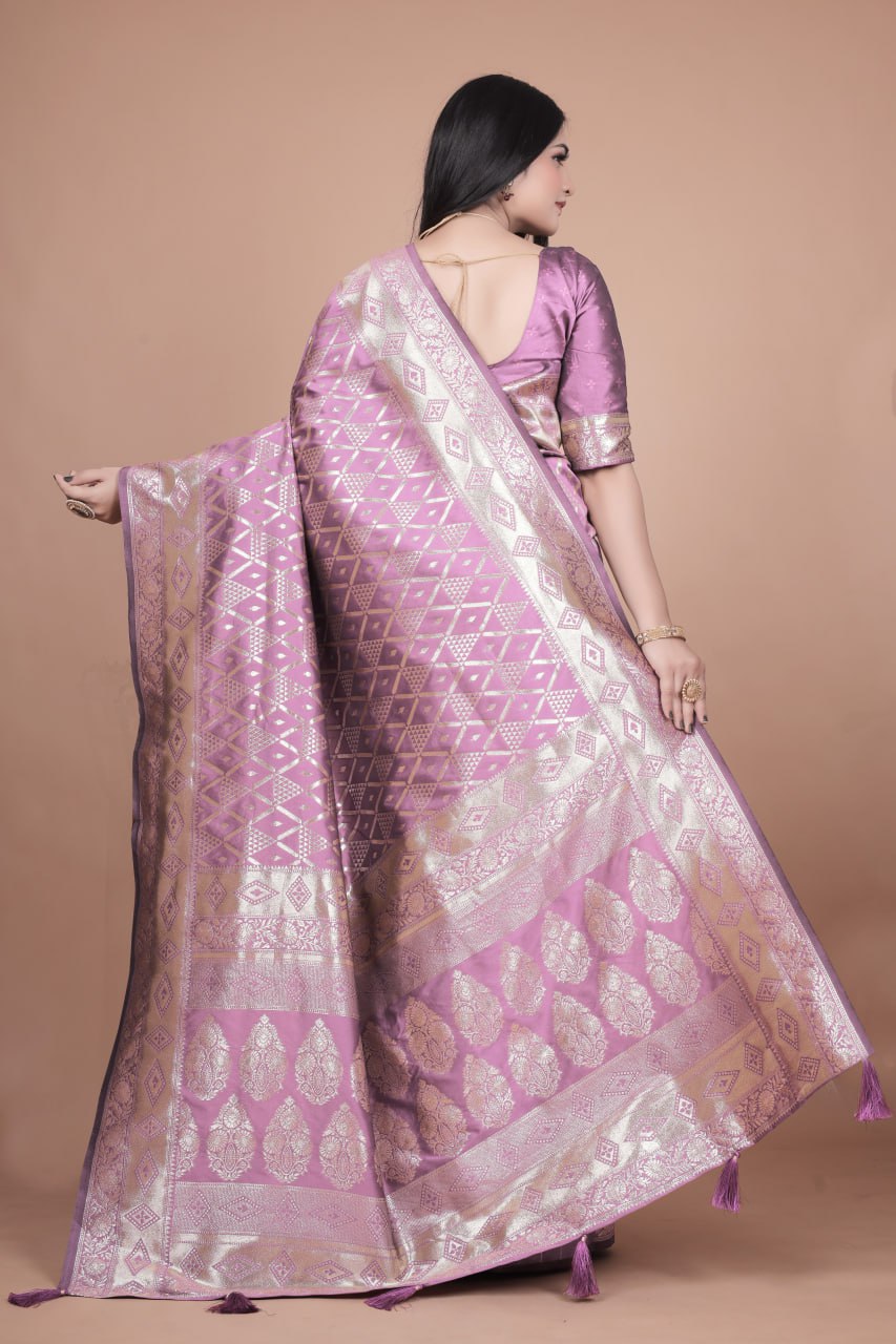 Lavender Banarasi Silk Saree with Silver Zari Geometric and Floral Design