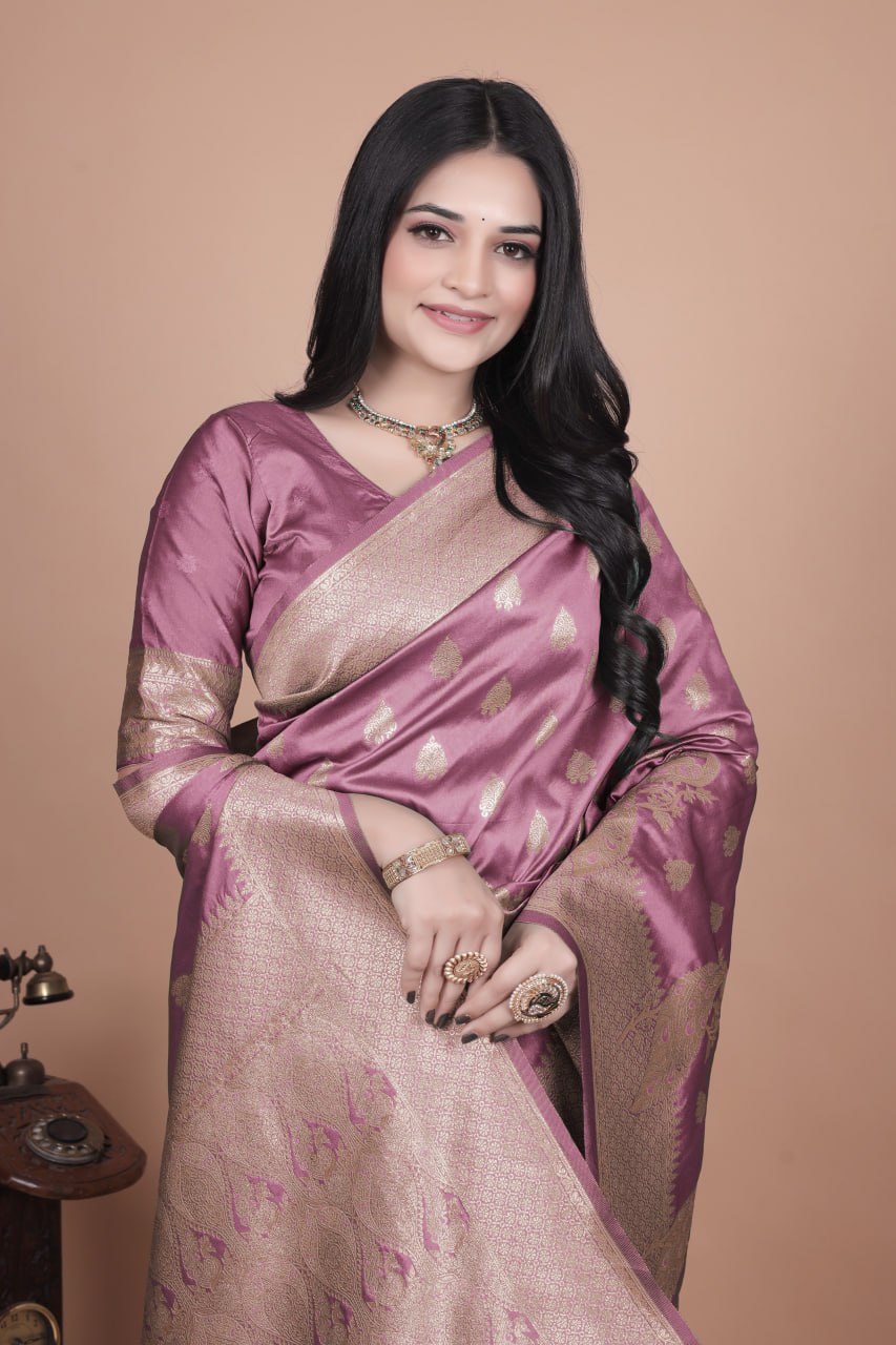 Mauve Purple Banarasi Silk Saree with Gold Zari Peacock Work