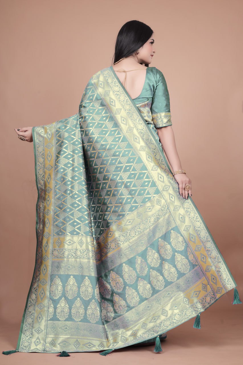 Pastel Green Banarasi Silk Saree with Golden Zari Geometric & Floral Weaves